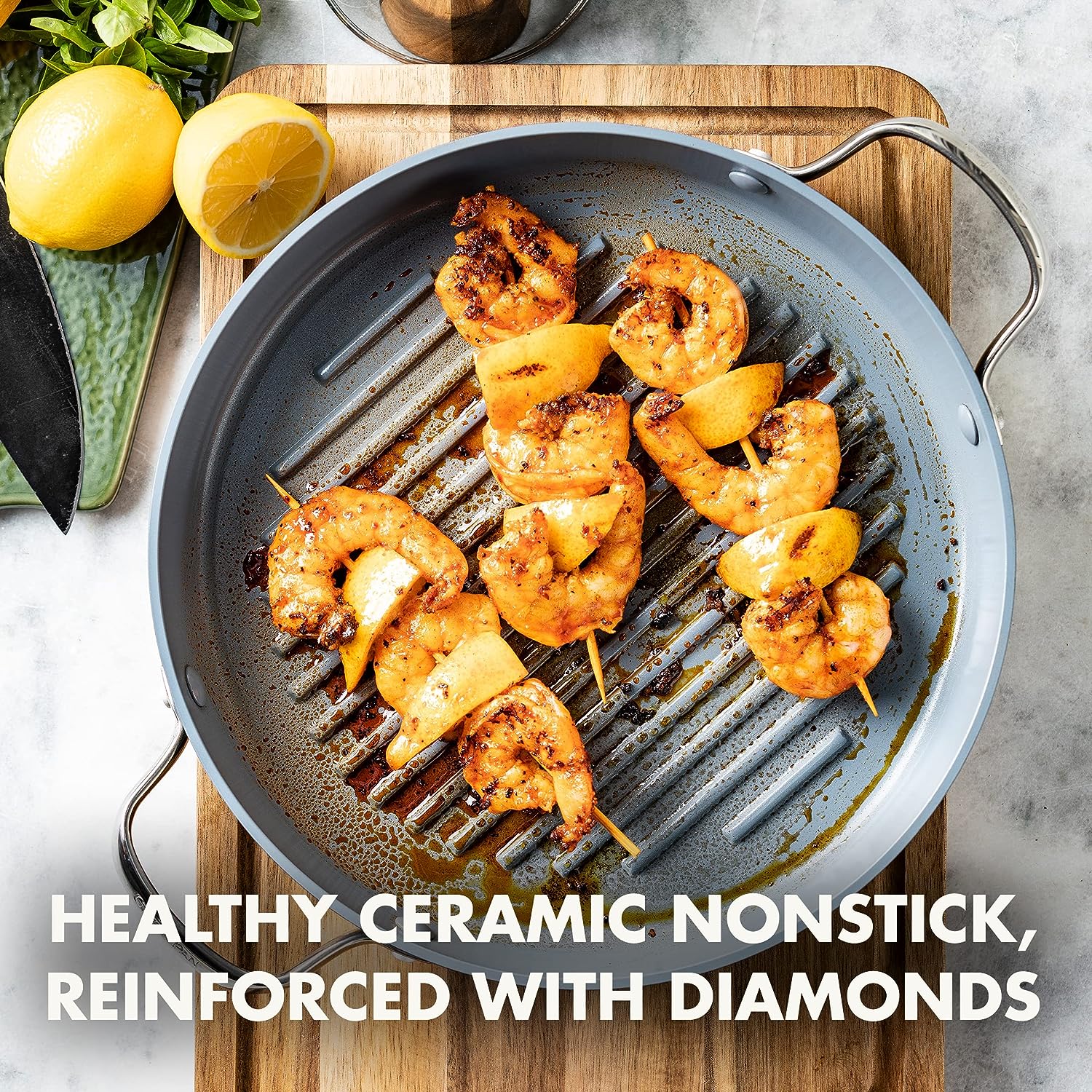 GreenPan Valencia Pro Hard Anodized Healthy Ceramic Nonstick 11″ Grill Pan. PFAS-Free. Induction. Dishwasher Safe. Oven Safe. Gray