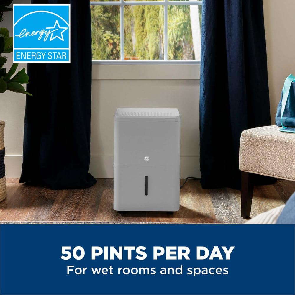 GE APHL50LB 50-Pint Dehumidifier with Built-in Pump for Basement. Garage or Wet Rooms up to 4500 sq. ft. in Grey. ENERGY STAR