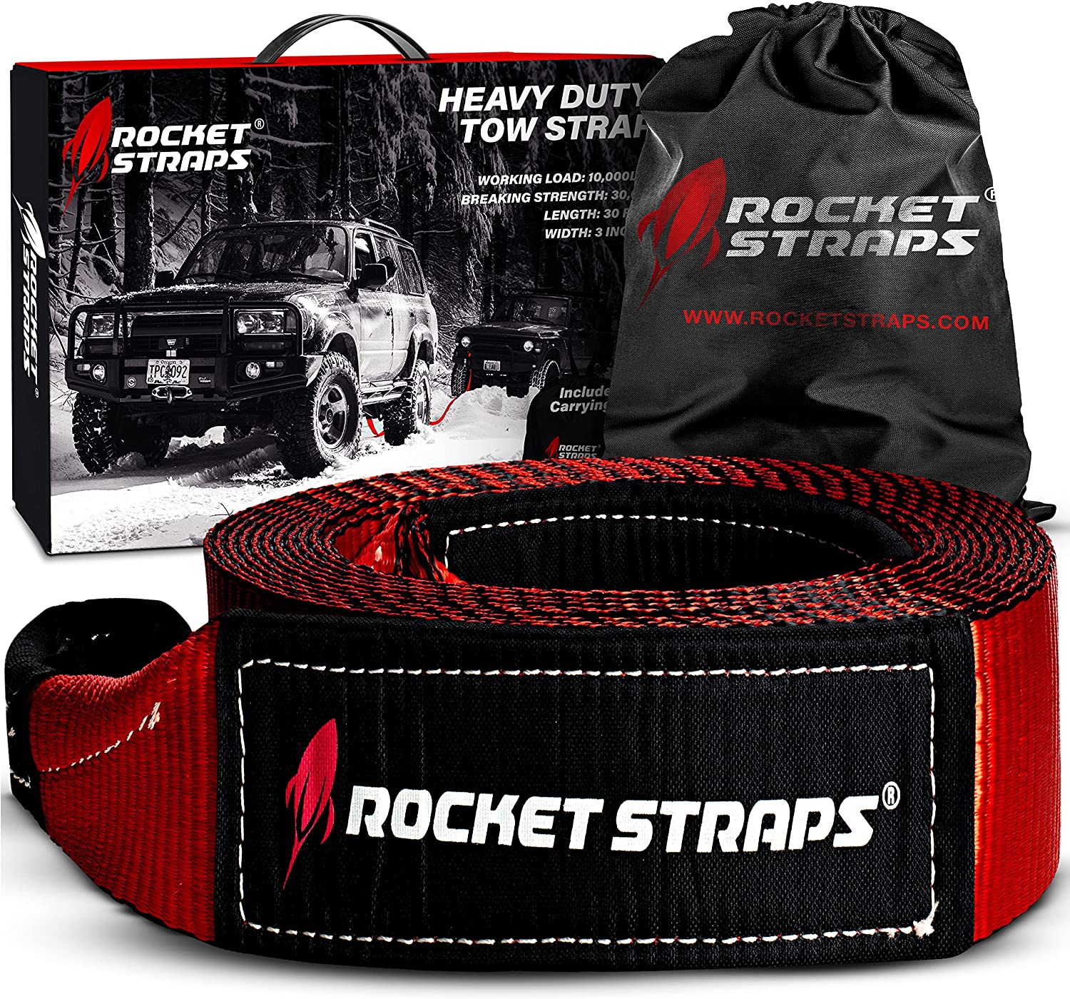 Rocket Straps Tow Strap - 3′ x 30′ Heavy Duty Tow Strap | 30.000 Pound Rated Capacity Recovery Strap | Vehicle Tow Straps with Protected Loop Ends | Emergency Off-Road Tow Rope | storage bag