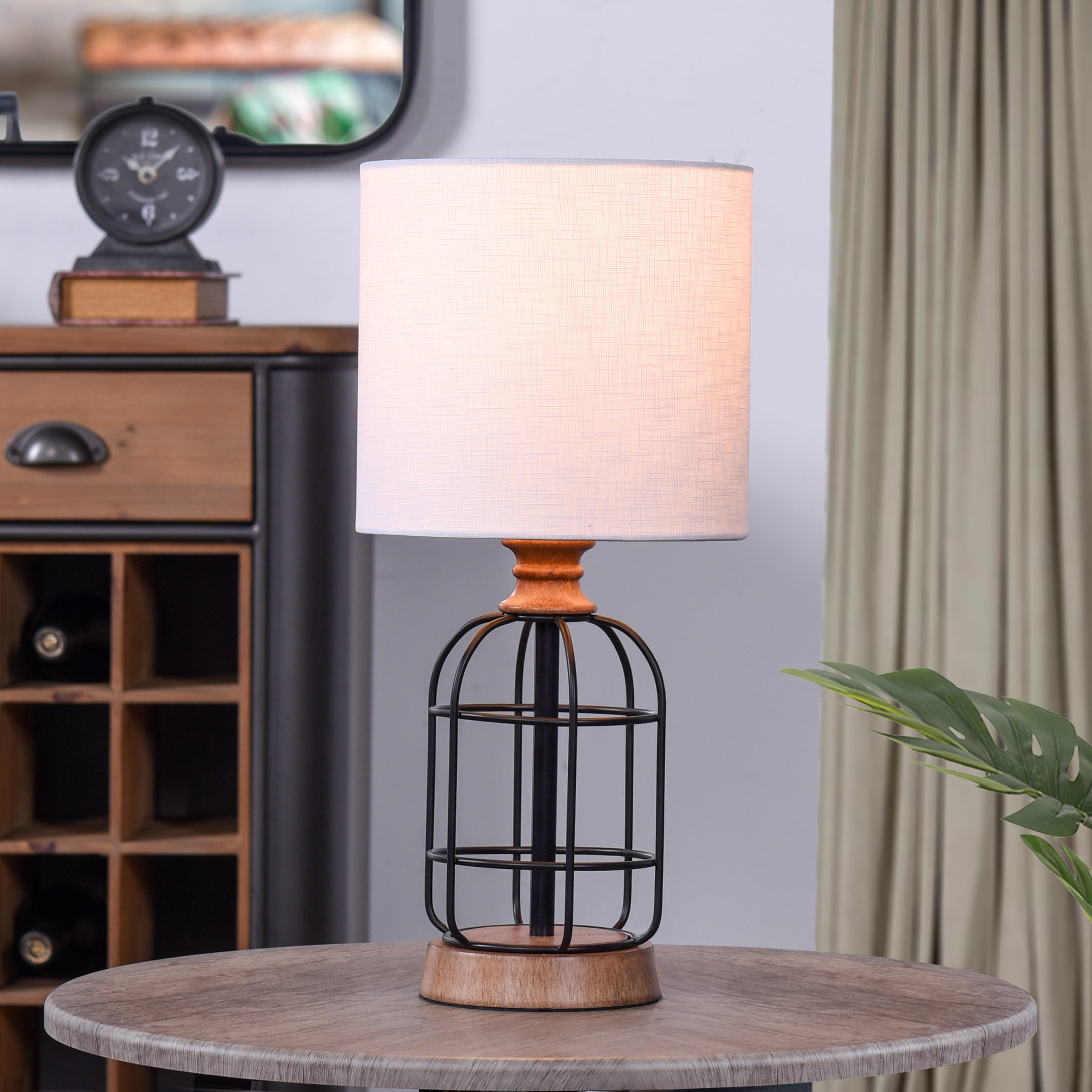 Mainstays Black Metal Cage Table Lamp with Wood Accents and Drum Shade. bulb included. 17″
