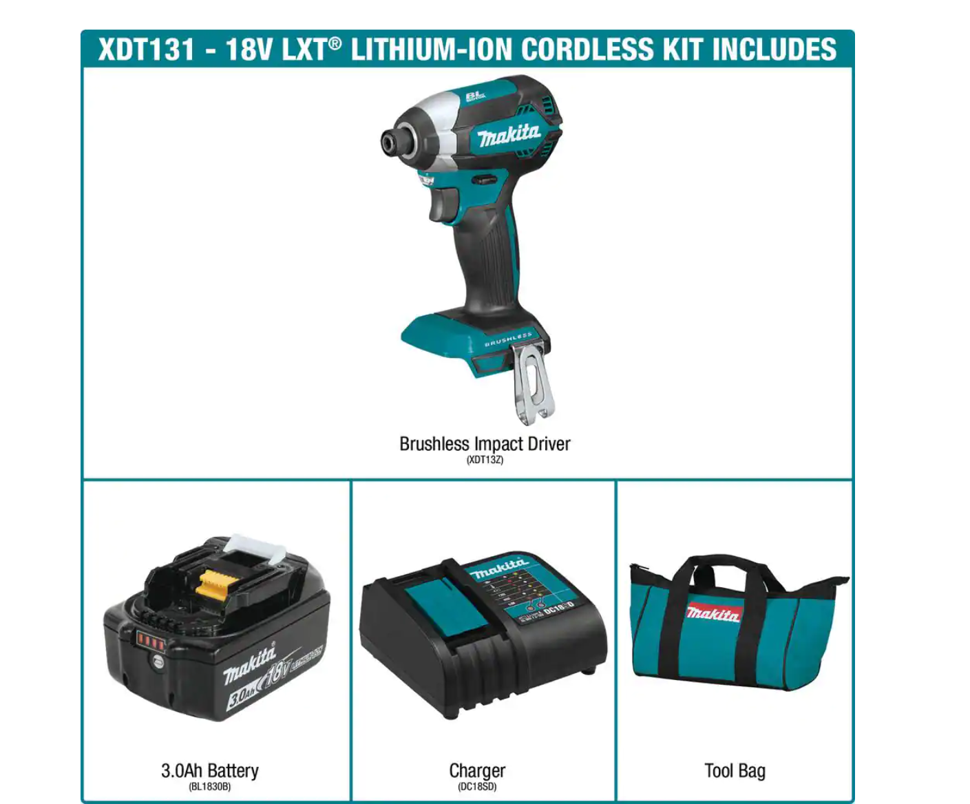 Makita XDT131 18V LXT Lithium-Ion Brushless Cordless Impact Driver Kit with (1) Battery 3.0Ah And Charger