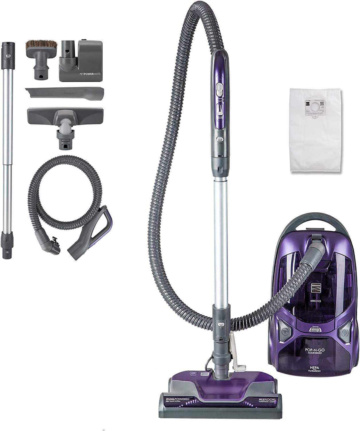 Kenmore 600 Series Friendly Lightweight Bagged Canister Vacuum with Pet PowerMate. Pop-N-Go Brush. 2 Motors. HEPA Filter. Aluminum Telescoping Wand. Retractable Cord and 4 Cleaning Tools. Purple