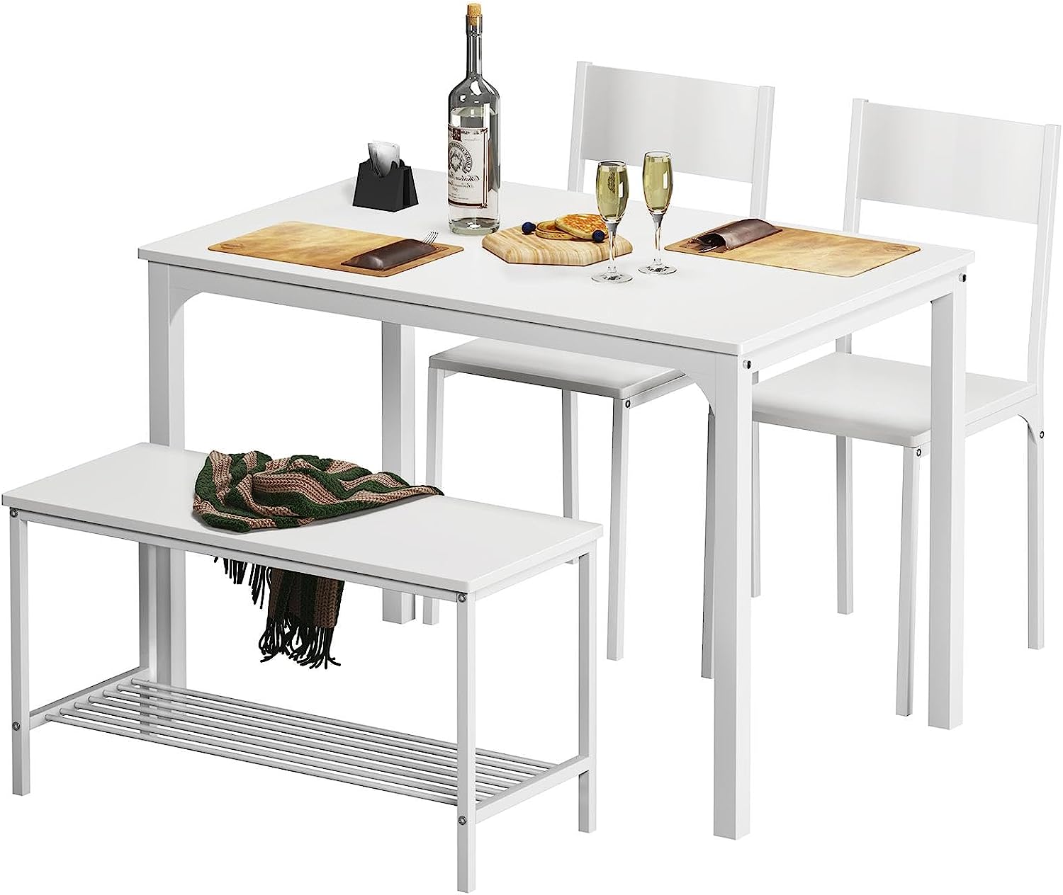 soges 4 Person Dining Table Set.43.3 inch Kitchen Table Set for 4.2 Chairs with Backrest.2-Person Bench with Storage. White Rack.Nesting Furniture Set for Dining Room and Restaurant. White