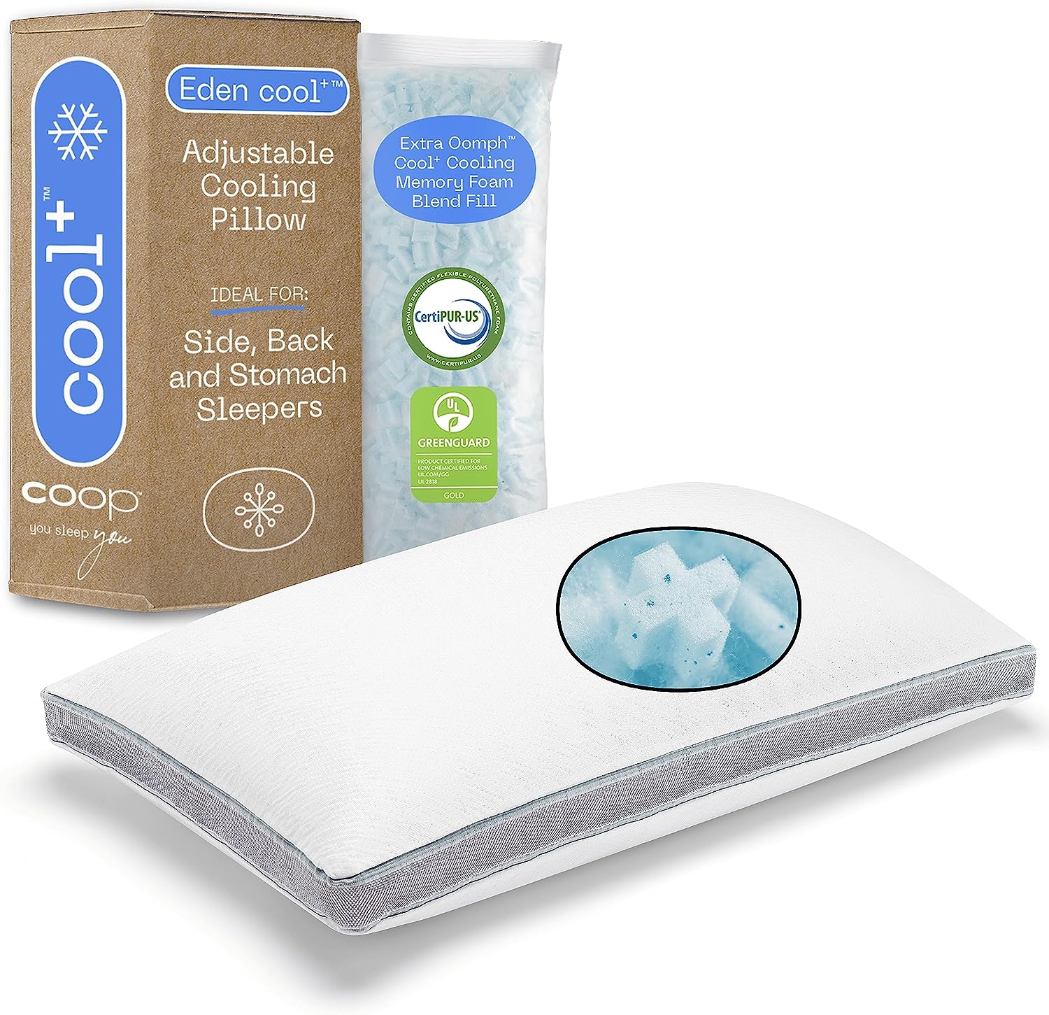Coop Home Goods Eden Cool+ Pillow. Queen Size Plus Shaped Memory Foam Pillows with Cooling Gel. Back. Stomach or Side Sleeper Pillow. Adjustable Neck Support for Sleeping. CertiPUR-US/GREENGUARD Gold