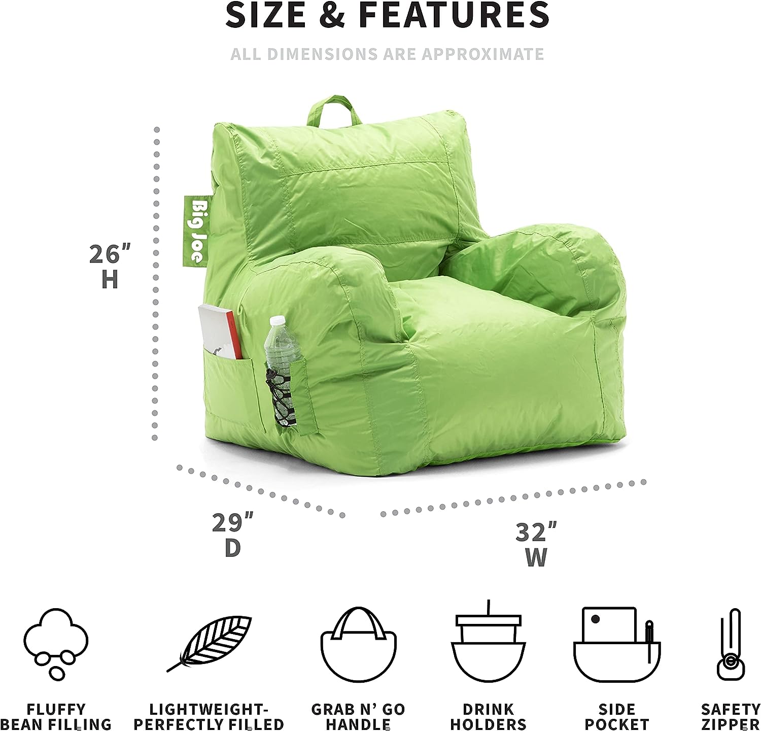 Big Joe Dorm Bean Bag Chair with Drink Holder and Pocket. Spicy Lime Smartmax. Durable Polyester Nylon Blend. 3 feet