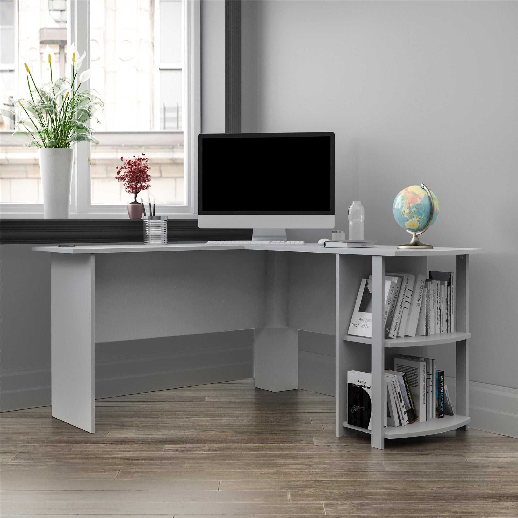 Ameriwood Home Dominic L Desk with Bookshelves. Dove Gray