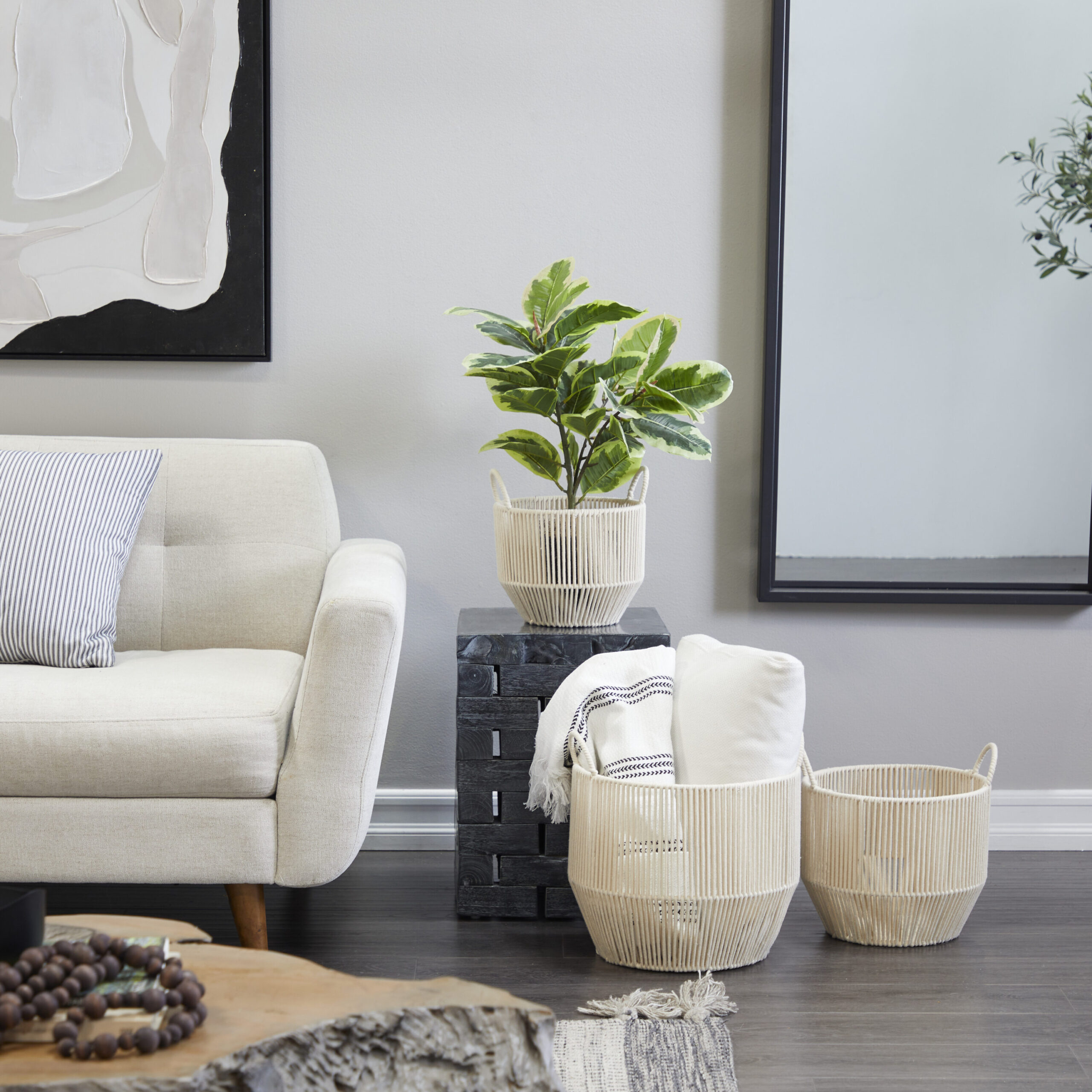 Grayson Lane 3-Pack 14-in W x 14.05-in H x 14.25-in D Cream Handmade with Handles Cotton Stackable Basket