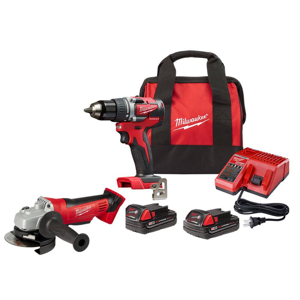 Milwaukee 2801-22CT-2680-20 M18 18V Lithium-Ion Brushless Cordless 1/2 in. Compact Drill/Driver Kit w/Two 2.0 Ah Batteries and 4-1/2 in. Grinder