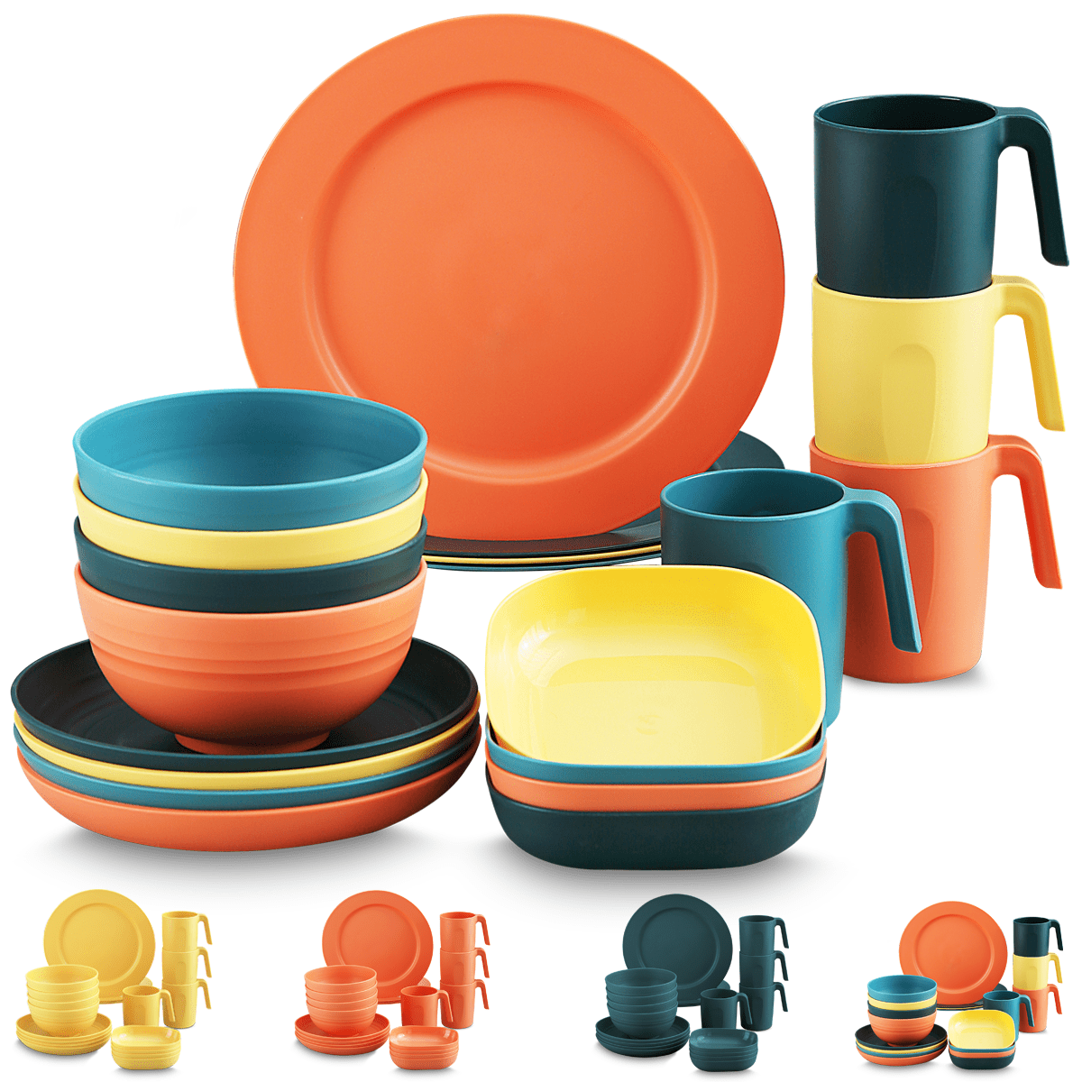 ReaNea Plastic Dinnerware Set of 20 Pieces. Unbreakable and Reusable Light Weight Plates Mugs Bowls Dishes Easy to Carry and Clean BPA Free Service for 4. Multi Color