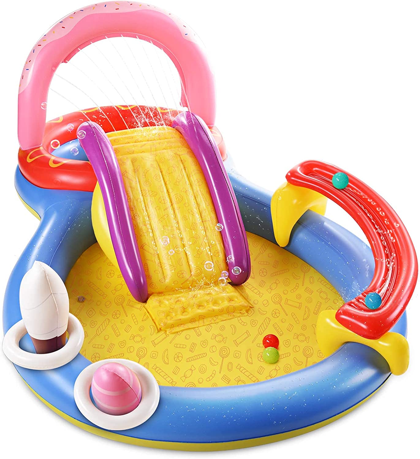 Inflatable Play Center. Hesung 115″ X 70″ X 44″ Full-Sized Kiddie Pool with Slide. Fountain Arch. Ball Roller for Toddler. Kids. Baby. Thick Wear-Resistant Big Above Ground. Garden Backyard Water Park