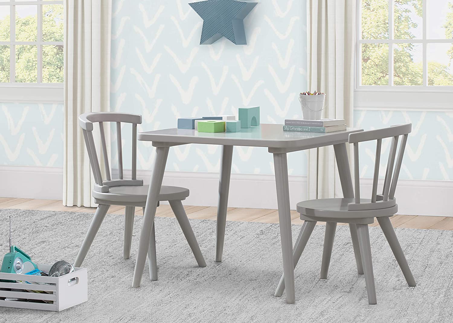 Delta Children Windsor Kids Wood Table Chair Set (2 Chairs Included) - Ideal for Arts & Crafts. Snack Time. Homeschooling. Homework & More. Greenguard Gold Certified. Grey