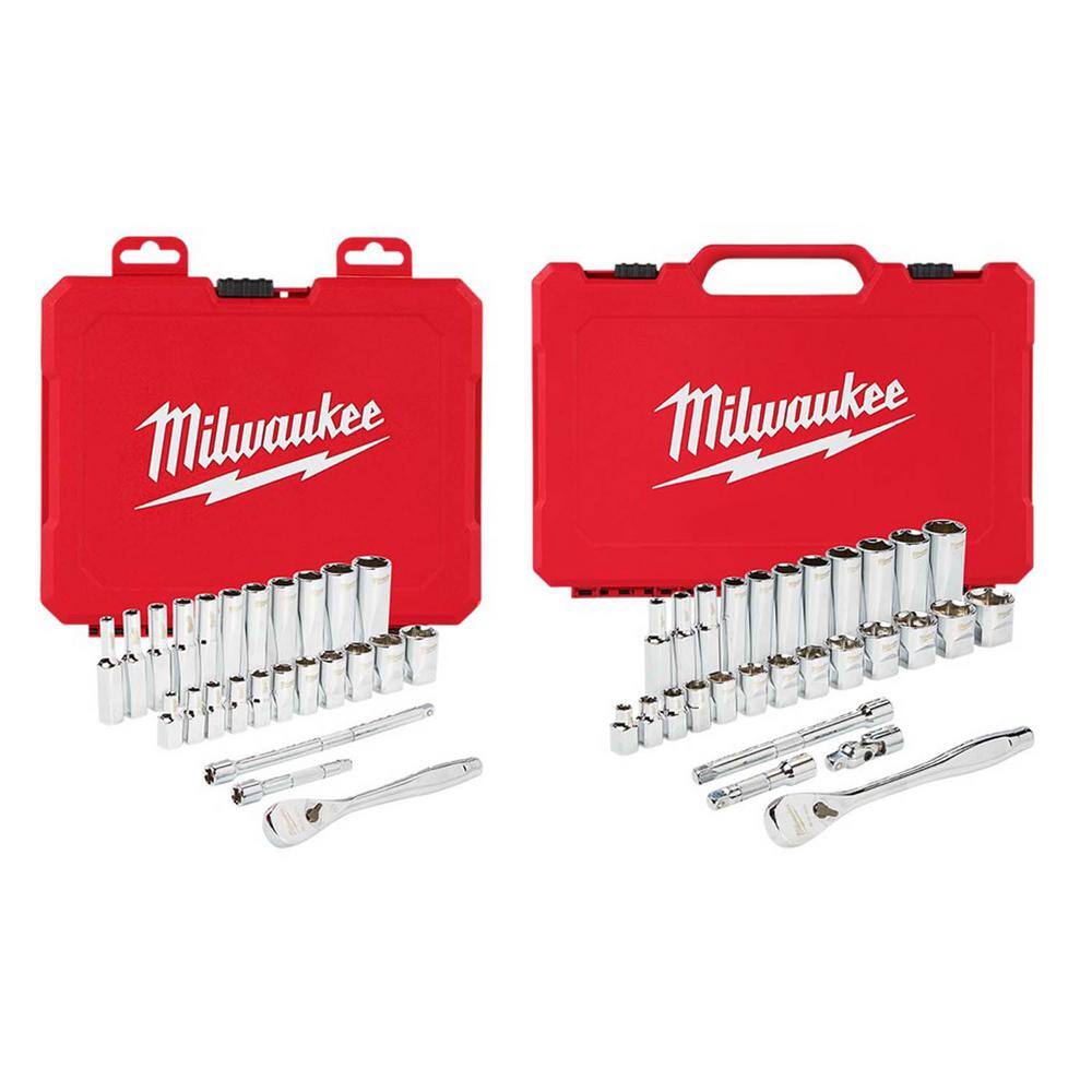Milwaukee 48-22-9404-48-22-9408 1/4 in. and 3/8 in. Drive SAE Ratchet and Socket Mechanics Tool Set (54-Piece)