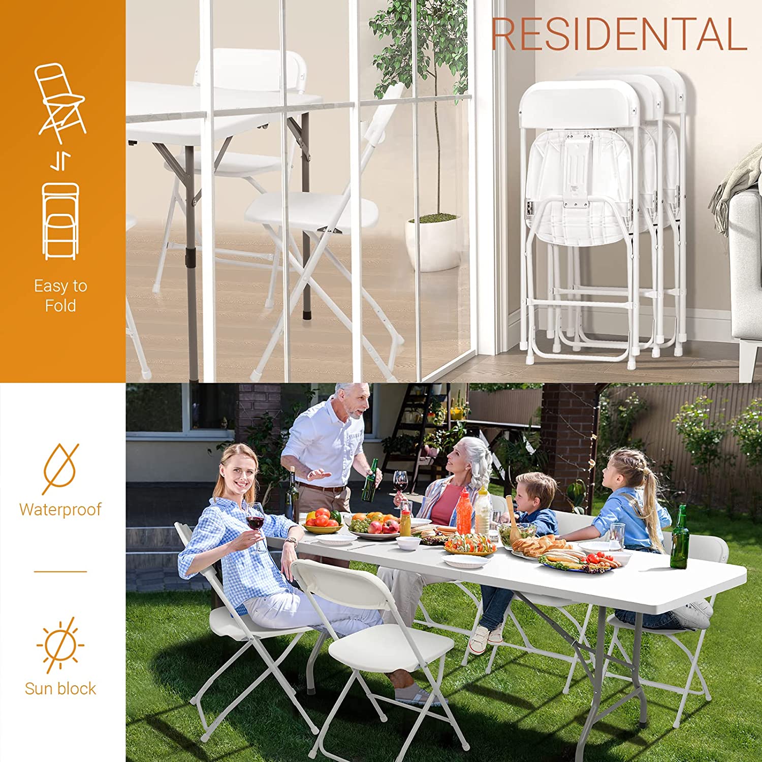 VINGLI 10 Pack White Plastic Folding Chair. Indoor Outdoor Portable Stackable Commercial Seat with Steel Frame 350lb. Capacity for Events Office Wedding Party Picnic Kitchen Dining