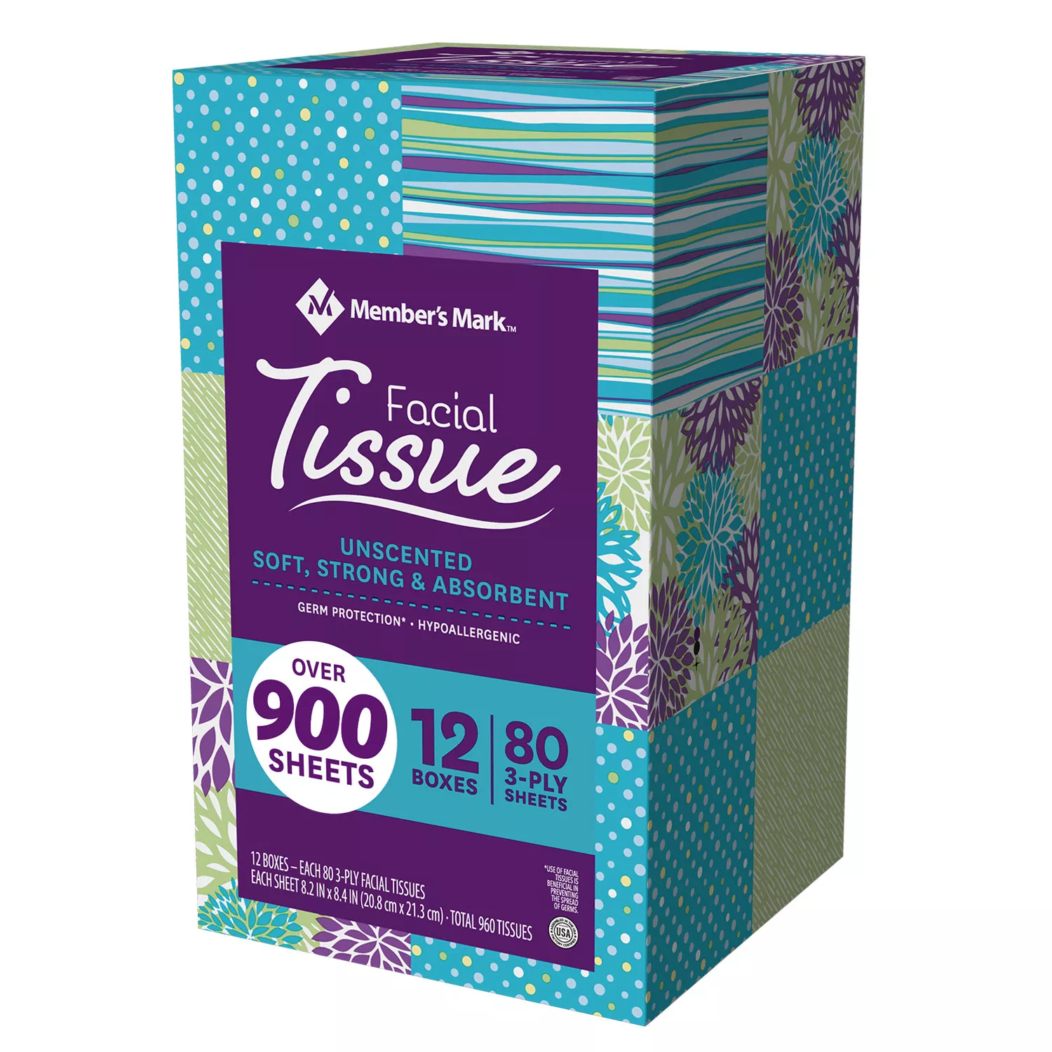 Member-s Mark Ultra Soft Facial Tissues. 12 Cube Boxes. 80 3-ply Tissues Per Box (960 Tissues Total)