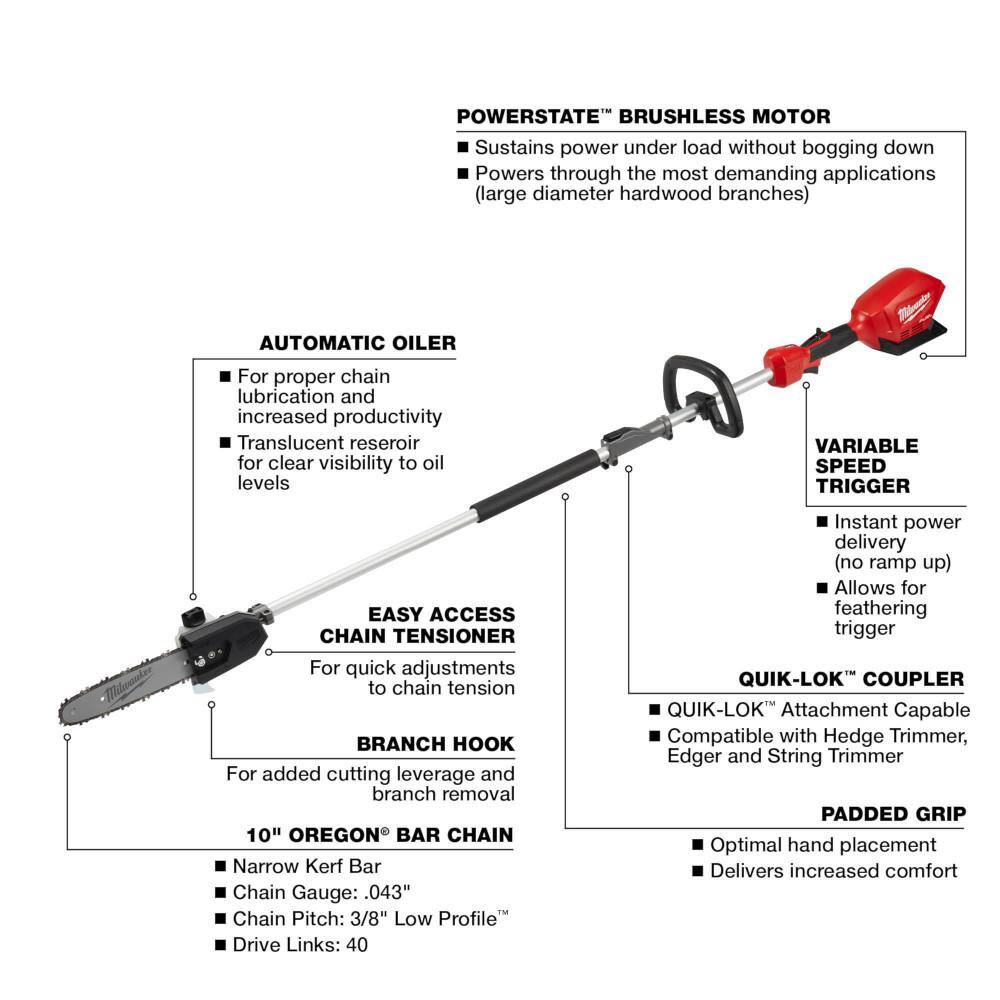 Milwaukee 2825-20PS-2726-20 M18 FUEL 10 in. 18V Lithium-Ion Brushless Electric Cordless Pole Saw & M18 FUEL 24 in. Hedge Trimmer Combo Kit (2-Tool)