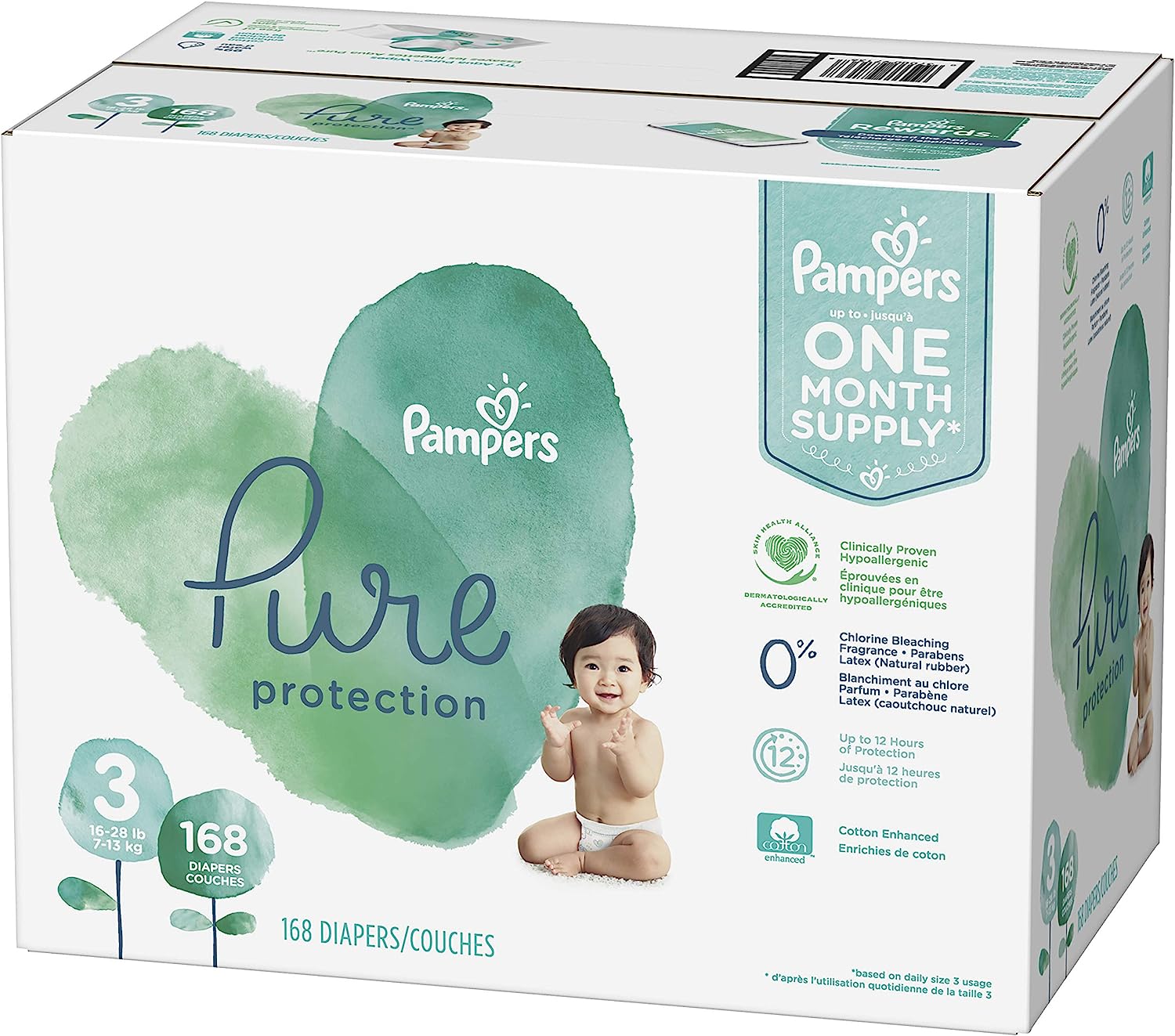 Diapers Size 3. 168 Count - Pampers Pure Protection Disposable Baby Diapers. Hypoallergenic and Unscented Protection (Packaging & Prints May Vary)
