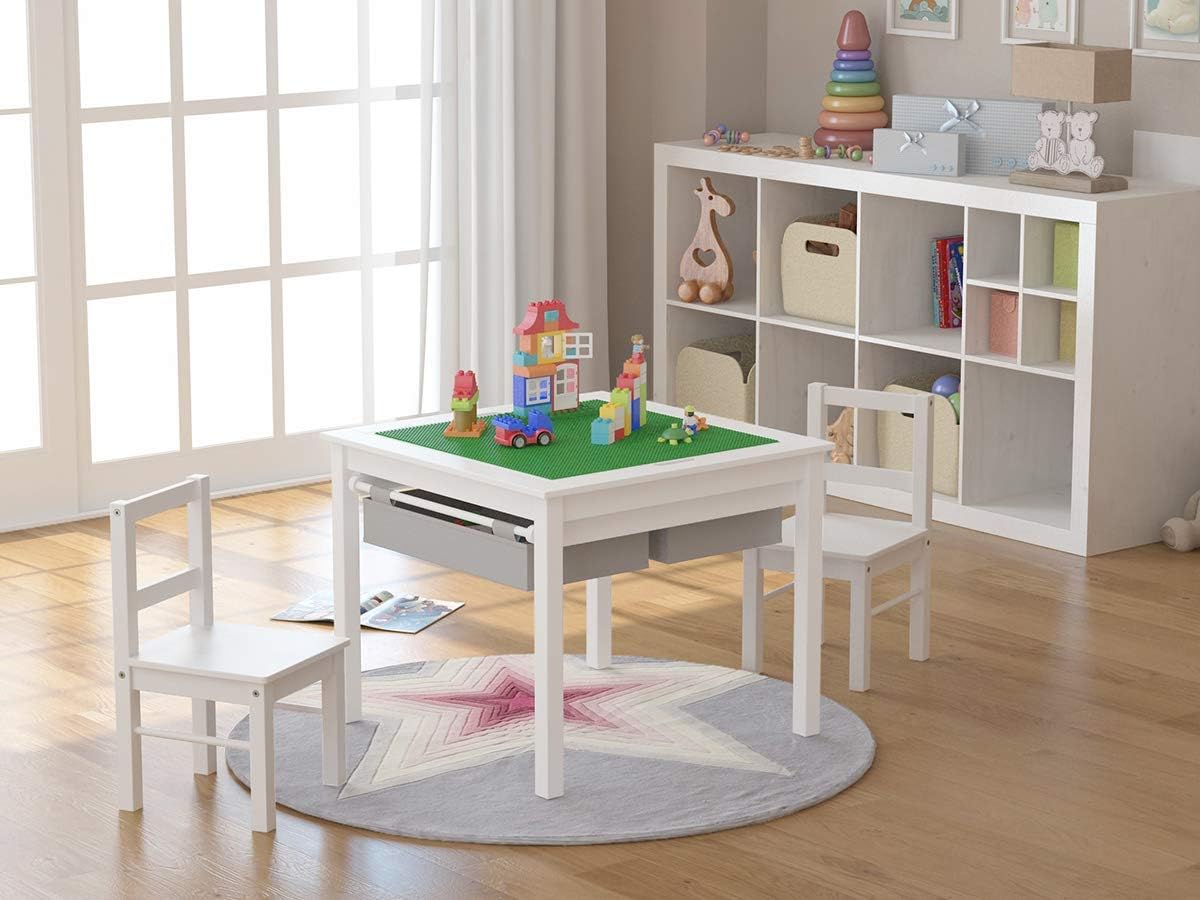 UTEX Wooden 2 in 1 Kids Construction Play Table and 2 Chairs Set with Storage Drawers. and Built in Plate Compatible with Lego and Duplo Bricks (White with Grey Drawers)