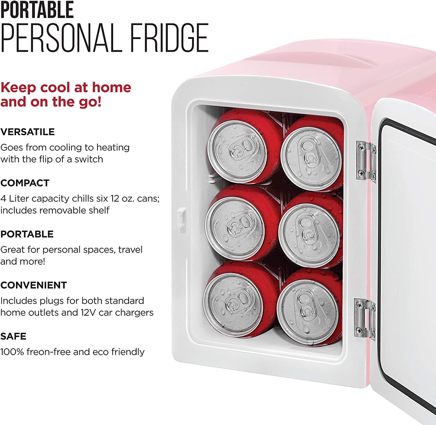 Chefman Mini Portable Pink Personal Fridge Cools Or Heats & Provides Compact Storage For Skincare. Snacks. Or 6 12oz Cans W/ A Lightweight 4-liter Capacity To Take On The Go