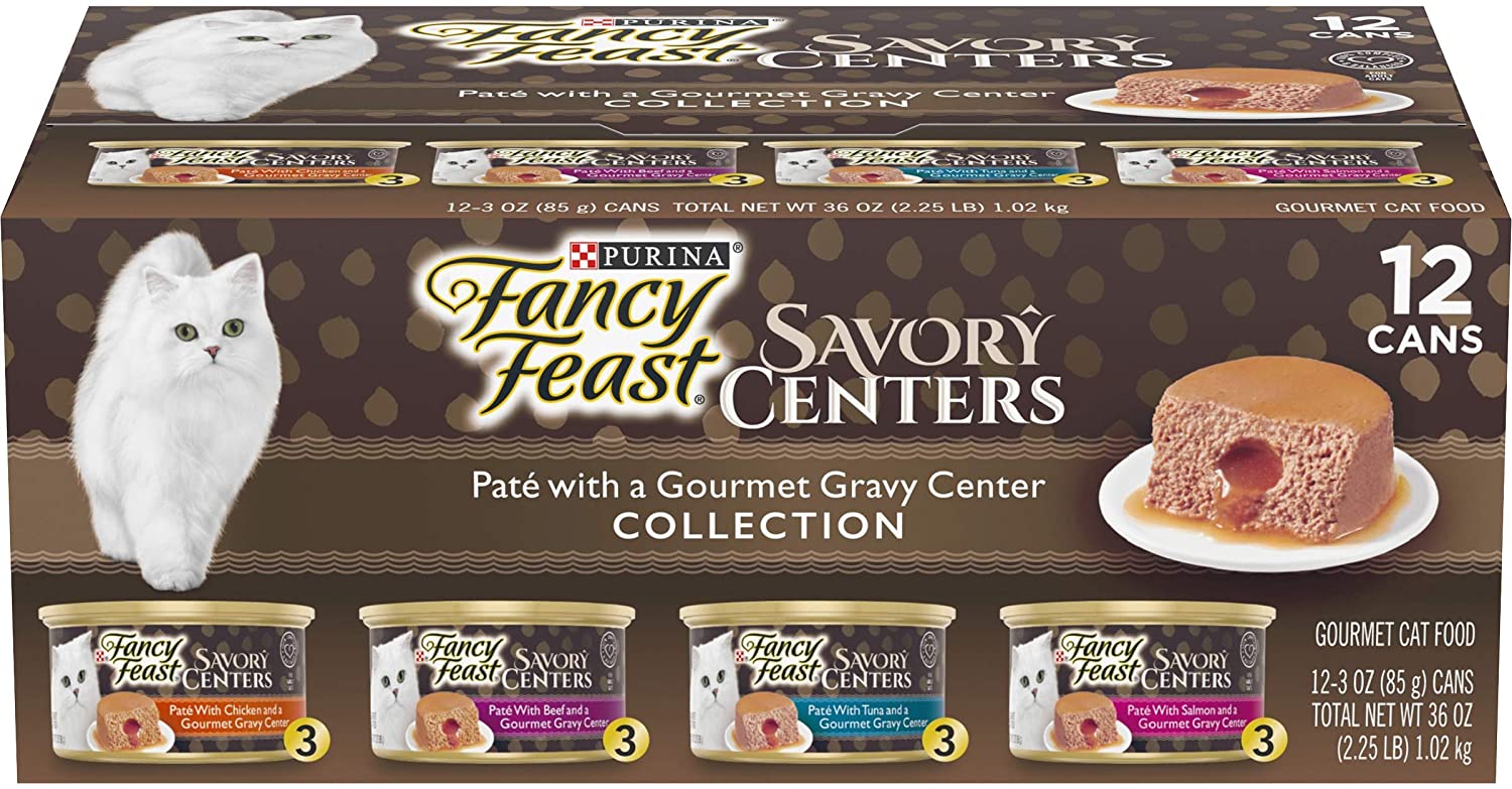 Purina Fancy Feast Pate Wet Cat Food Variety Pack. Savory Centers Pate With a Gravy Center - (2 Packs of 12) 3 oz. Pull-Top Cans