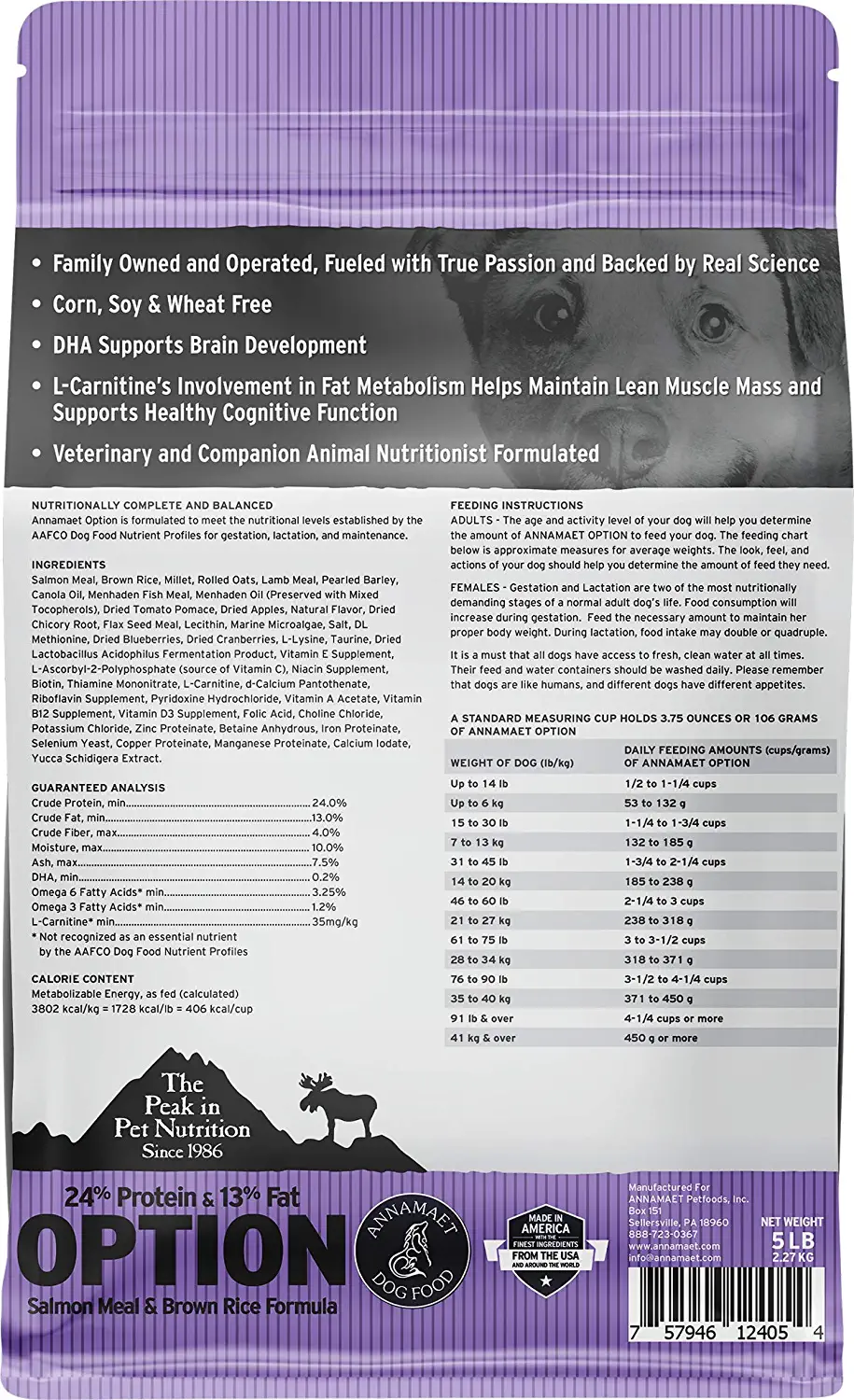 Annamaet Original Option Formula Dry Dog Food 24% Protein (Salmon & Brown Rice) 5-lb Bag