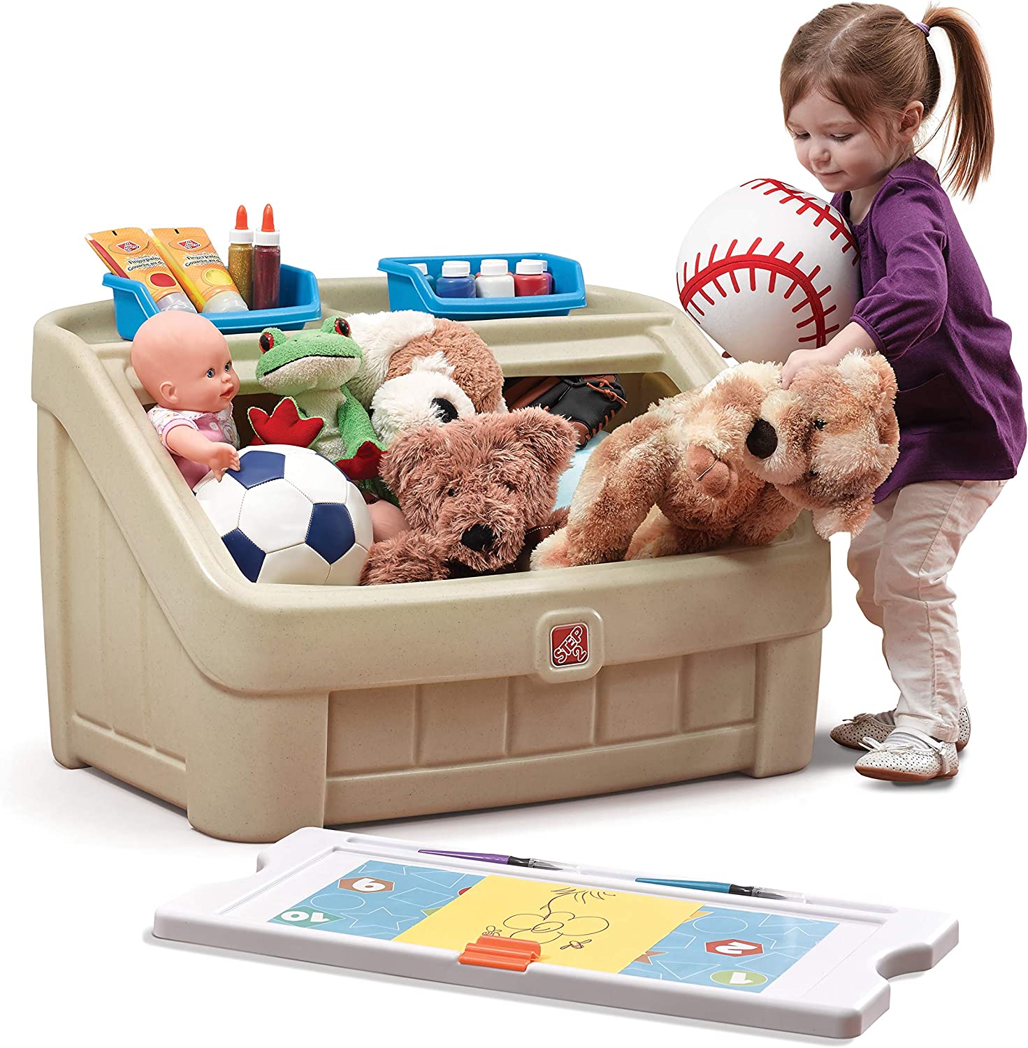 Step2 2-in-1 Toy Box & Art Lid | Plastic Toy & Art Storage Container. Tan