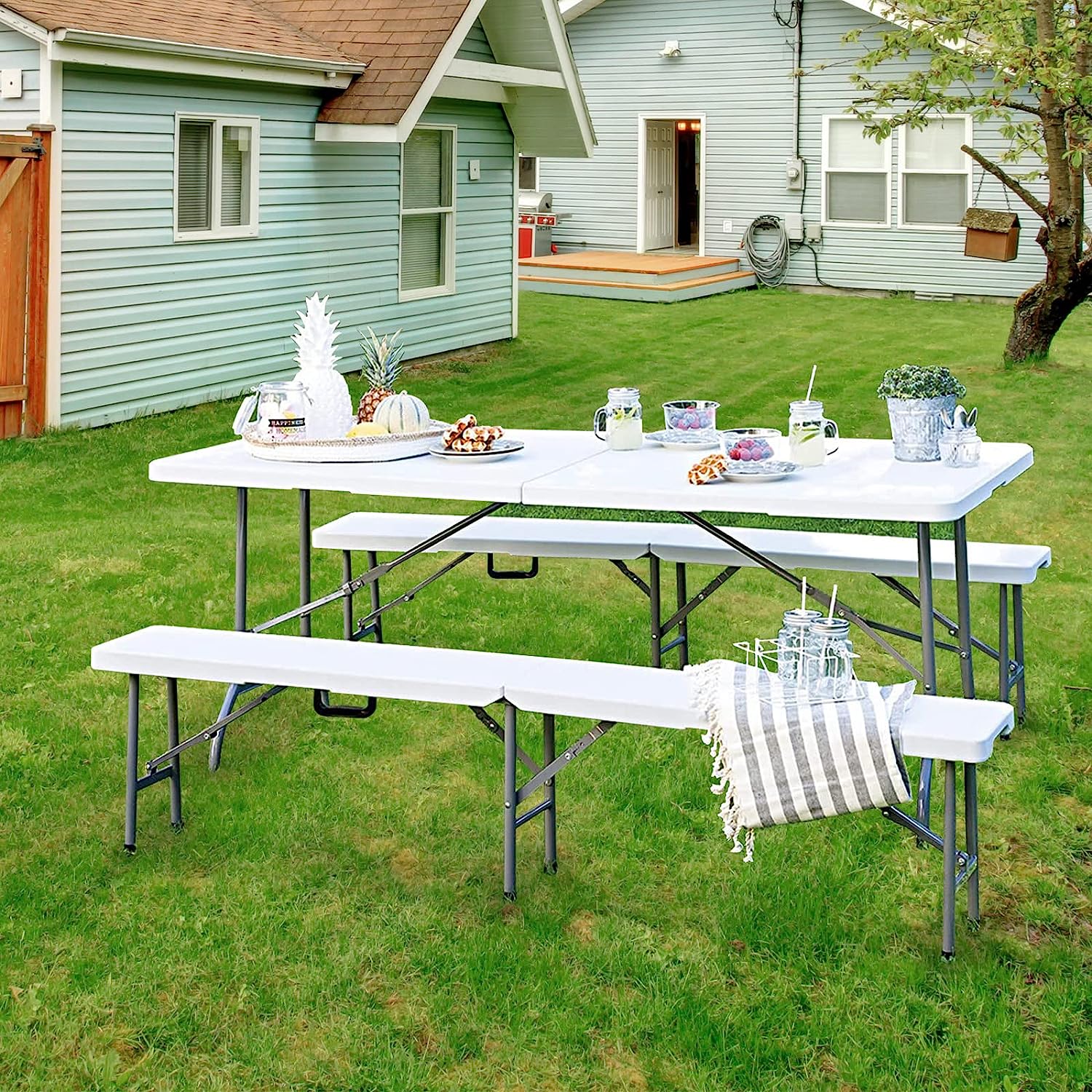 Byliable Folding Table 6ft Portable Heavy Duty Plastic Fold-in-Half Utility Foldable Table Plastic Dining Table Indoor Outdoor for Camping. Picnic and Party. White