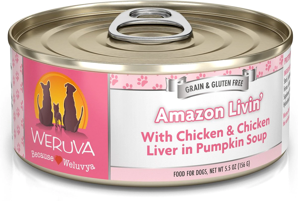 Weruva Amazon Livin- with Chicken & Chicken Liver in Pumpkin Soup Grain-Free Canned Dog Food 5.5-oz can case of 24