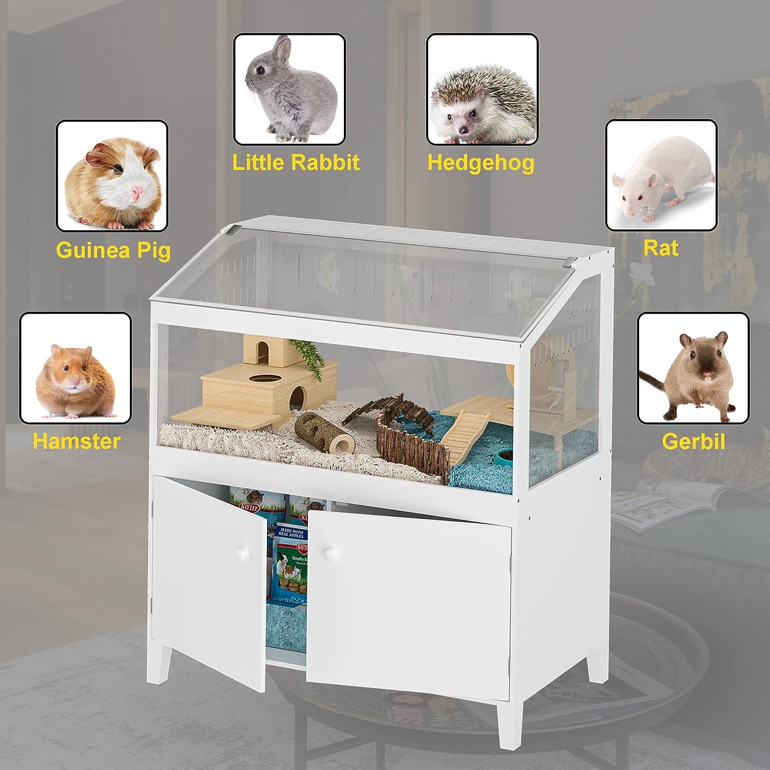 GDLF Hamster Cage with Storage Cabinet Small Animal Cage. Easy View Acrylic Panels. Large Habitat for Hedgehog Gerbil & Rat 39.5″x19.7″x43.7″