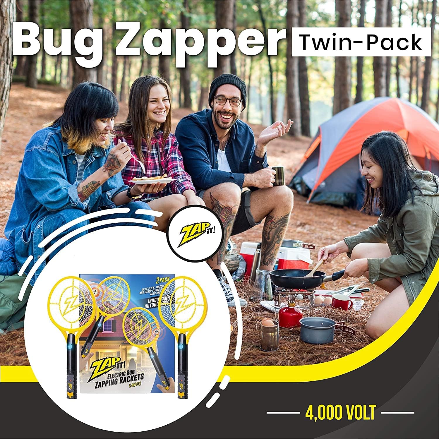 ZAP iT! Electric Fly Swatter Racket & Mosquito Zapper - High Duty 4.000 Volt Electric Bug Zapper Racket - Fly Killer USB Rechargeable Indoor Safe - 2 Pack (Large. Yellow)