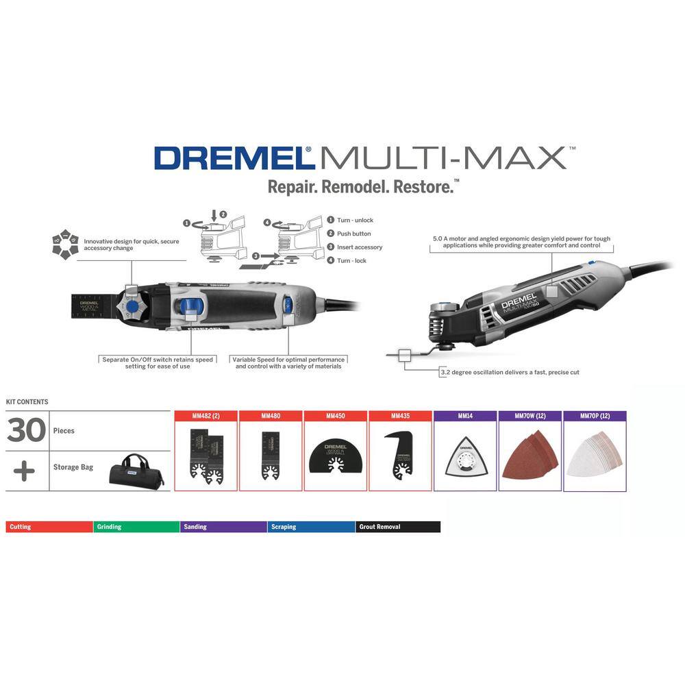 Dremel MM50-01 Multi-Max MM50 5 Amp Variable Speed Corded Oscillating Multi-Tool Kit with 30 Accessories and Storage Bag