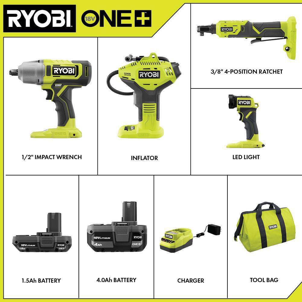 RYOBI PCL1402K2N ONE+ 18V Cordless 4-Tool Combo Kit with 4.0 Ah Battery. 1.5 Ah Battery. Charger. and Bag