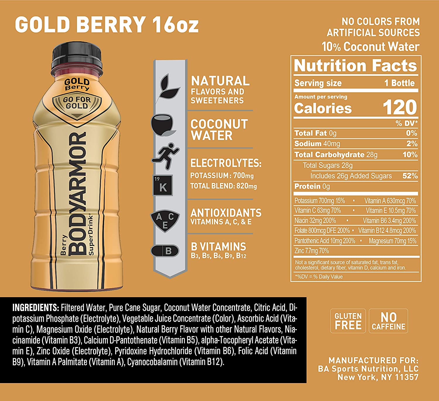 BODYARMOR Sports Drink Sports Beverage. Gold Berry. Natural Flavors With Vitamins. Potassium-Packed