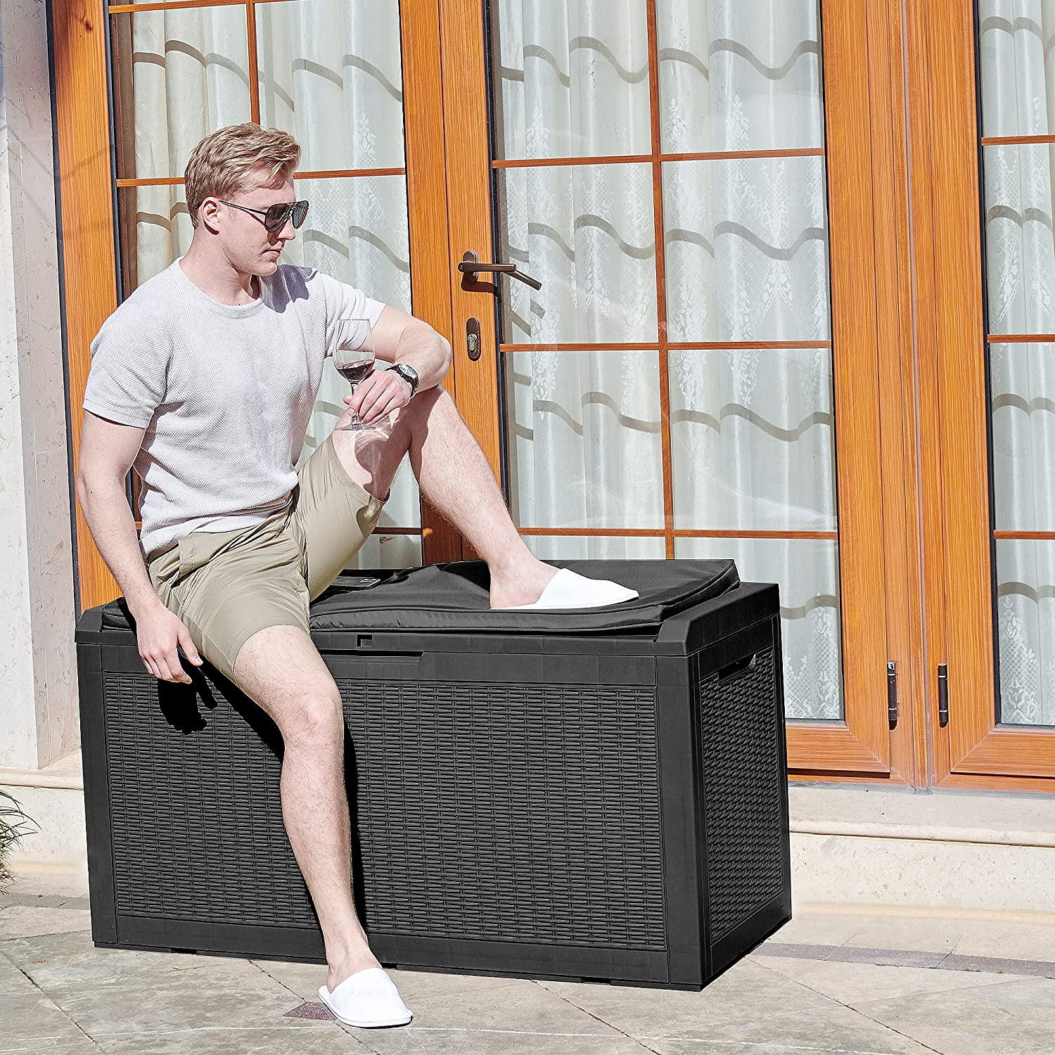 YITAHOME 100 Gallon Large Resin Deck Box Outdoor Storage with Cushion for Patio Furniture.Outdoor Cushions.Garden and Pool Supplies-Waterproof.Lockable (Black)