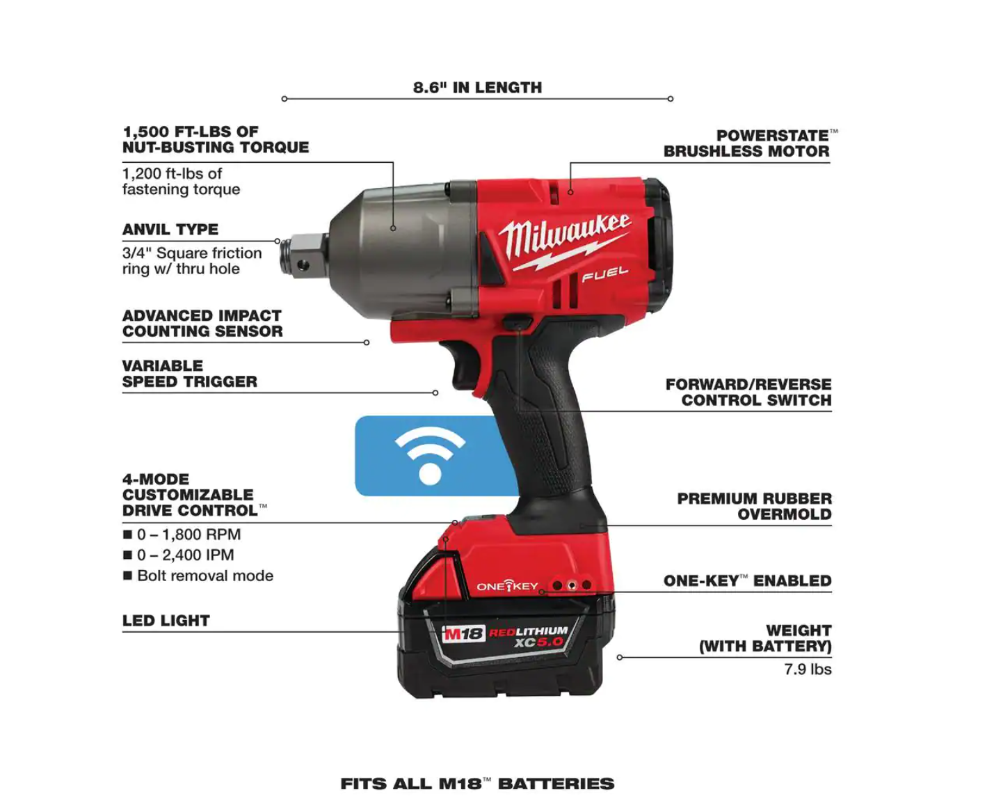 Milwaukee 2864-20-48-11-185 M18 FUEL ONE-KEY 18V Lithium-Ion Brushless Cordless 3/4 in. Impact Wrench w/ Friction Ring & M18 5.0 Ah Battery