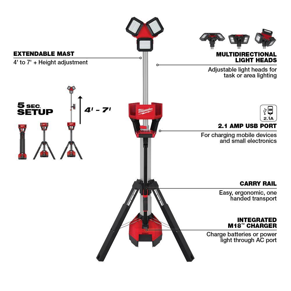Milwaukee 2136-20 M18 18-Volt Lithium-Ion Cordless 6.000 Lumens Rocket Dual Power Tower Light with Charger (Tool-Only)