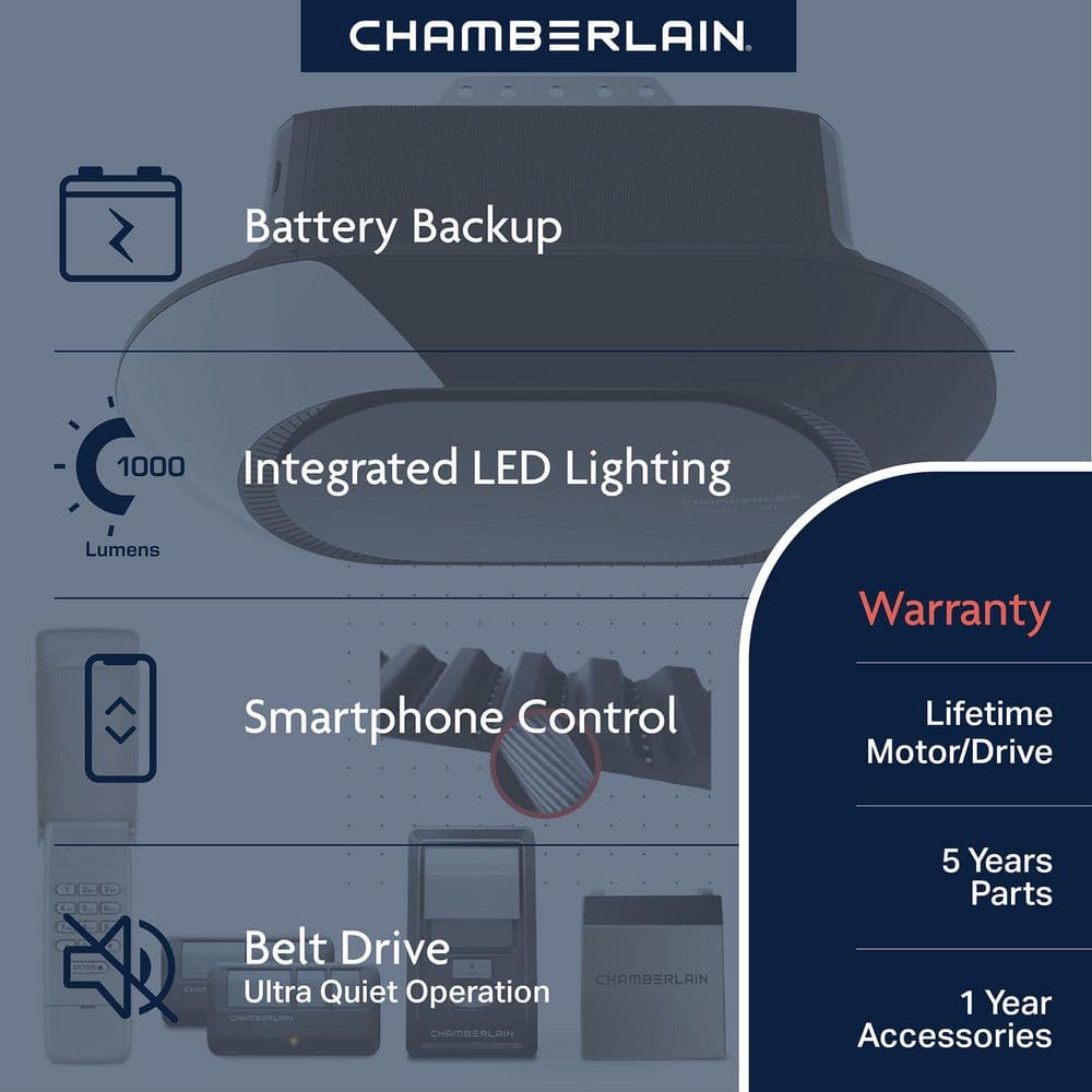 Chamberlain B4613T 3/4 HP LED Smart Quiet Belt Drive Garage Door Opener with Battery Backup