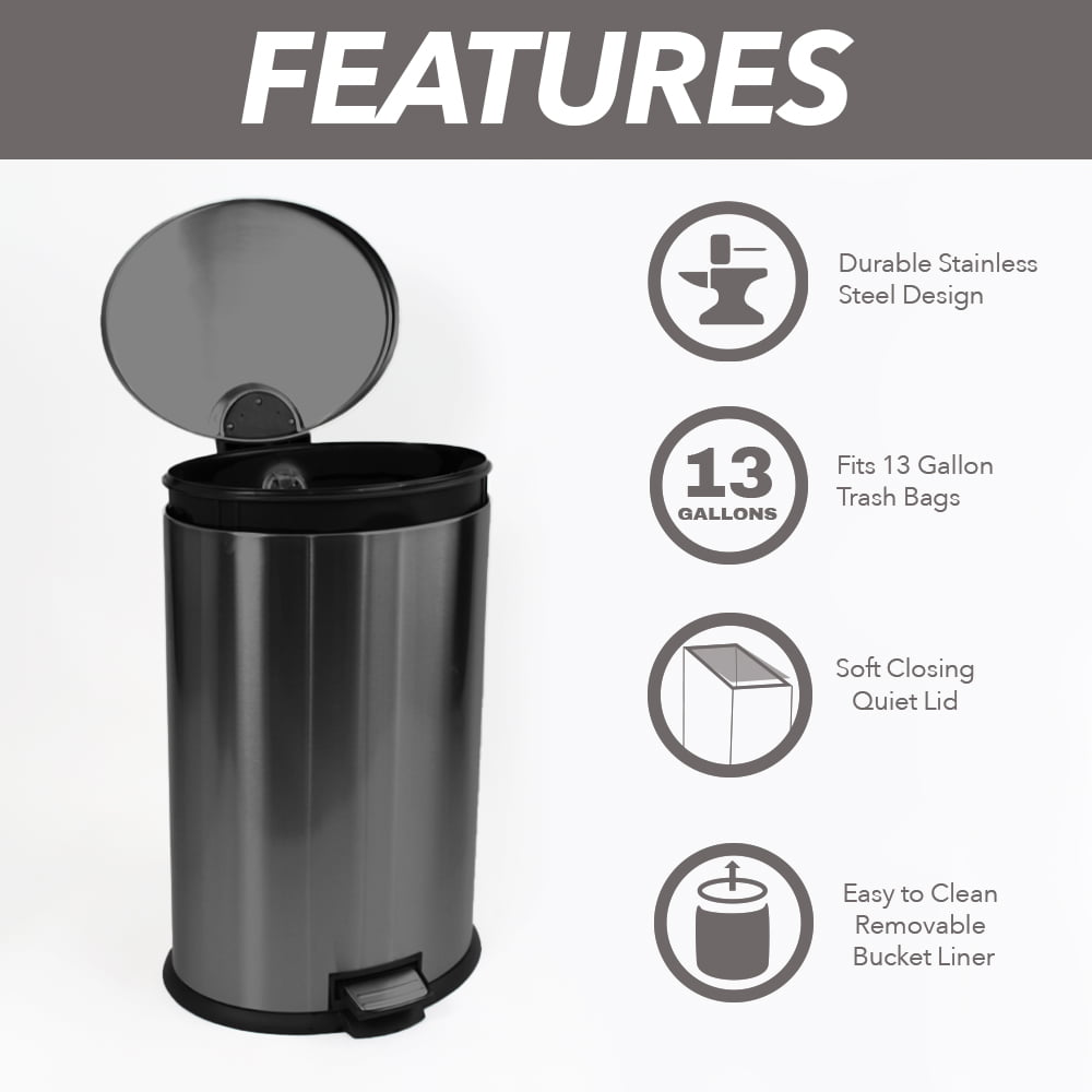 Better Homes & Gardens 10.5 Gallon Trash Can Stainless Steel Oval Kitchen Step Trash Can. Black Stainless Steel