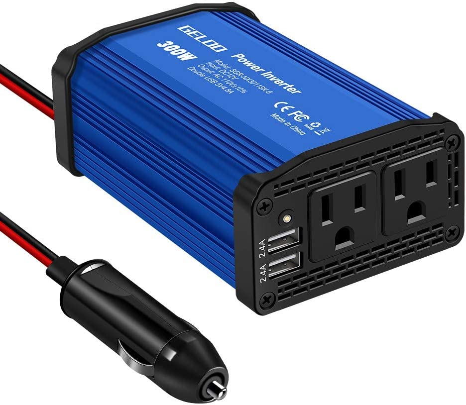 GelooWork 300W Power Inverter DC 12V to 110V AC Car Charger Converter with 4.8A Dual USB Ports (Blue)