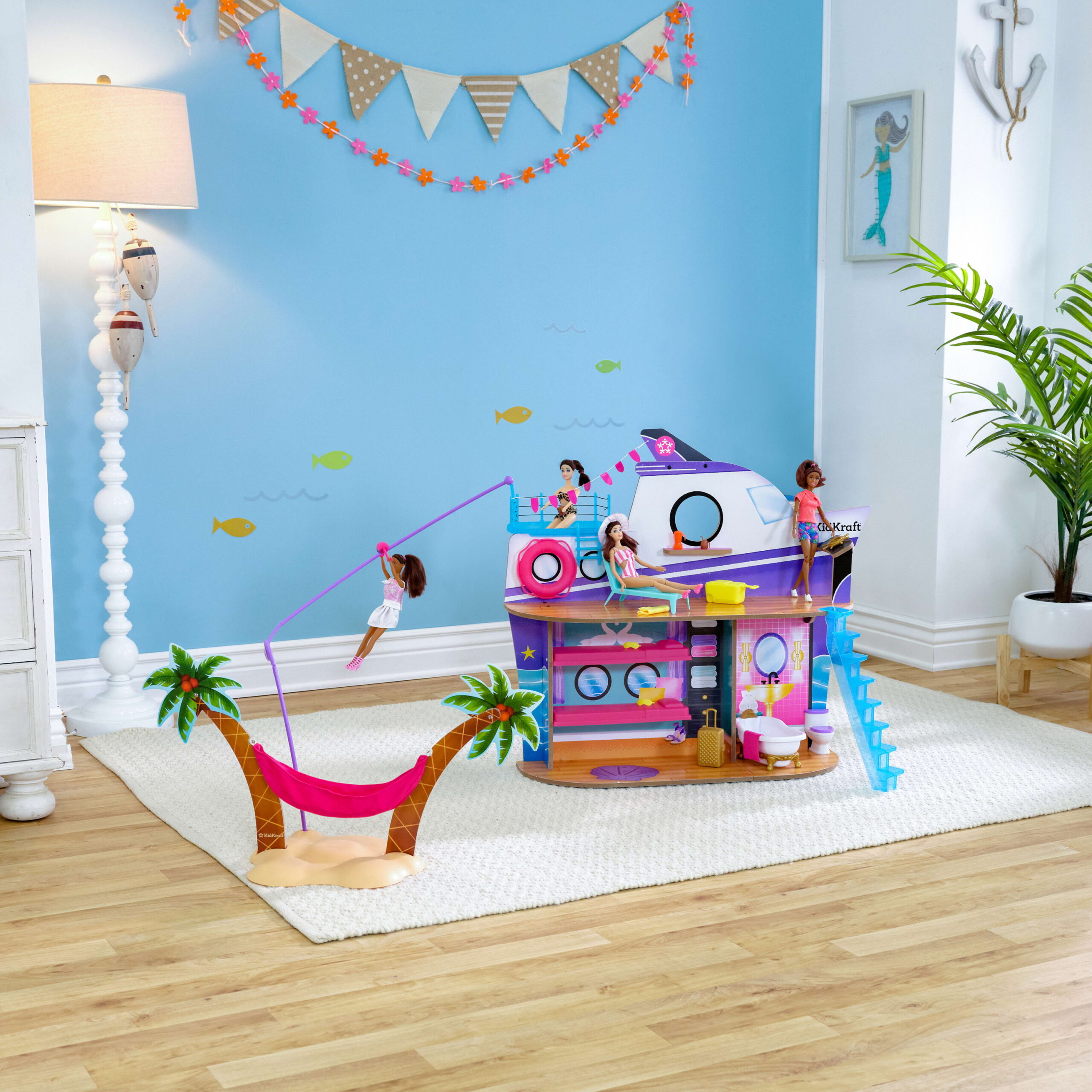 KidKraft Luxe Life 2-in-1 Wooden Cruise Ship & Island Doll Play Set with 18 Accessories