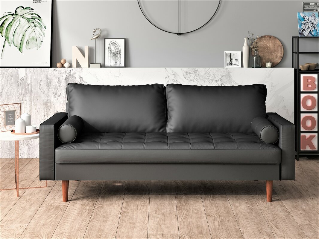 US Pride Furniture Mid-Century Gabler Loveseat in Faux Leather. Black