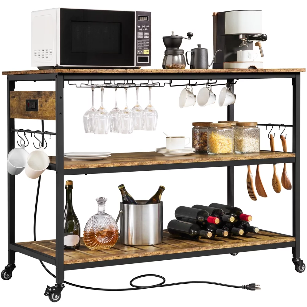 Yaheetech Rolling Kitchen Island with 3 Shelves. Glass Holder and Power Outlets. Rustic Brown