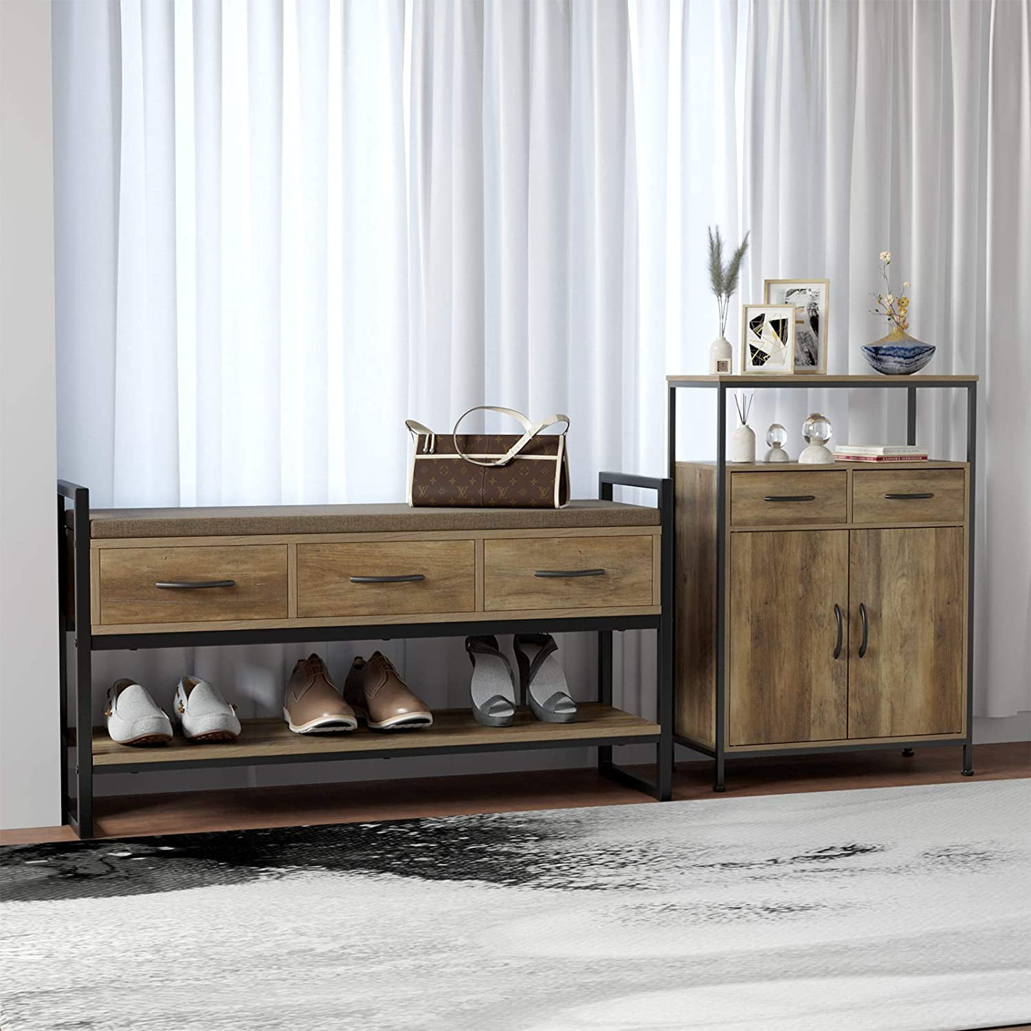 Homfa Entryway Shoe Bench. 2-tier Wood Entryway Shoes Rack with Padded Seat. 5-7 Pair of Shoes. Rustic Brown