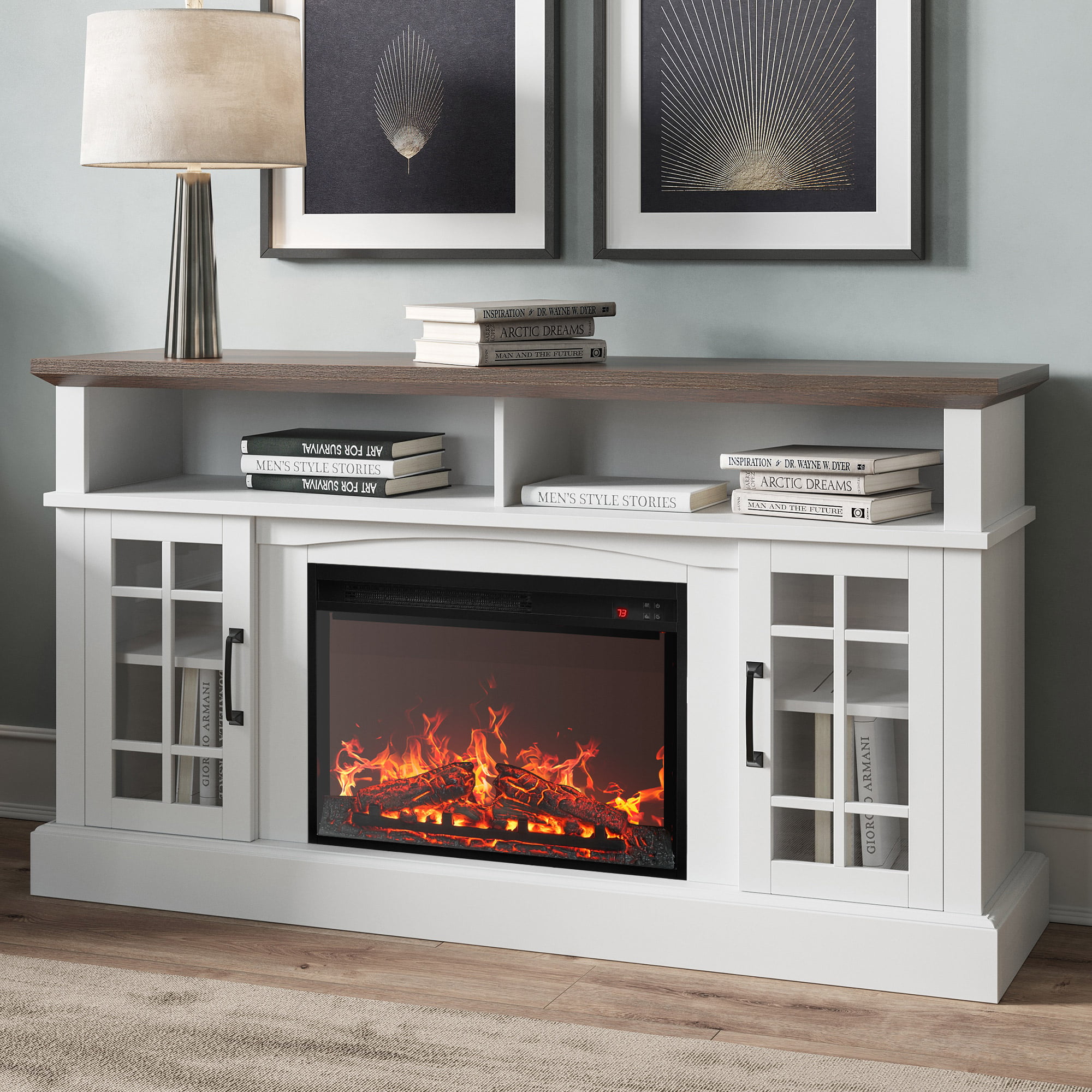BELLEZE  58″ TV Stand with 23″ Electric Fireplace. Fireplace TV Console for TVs up to 65″. Home Entertainment Center with Storage Cabinet and Adjustable Shelves - Astorga (White)