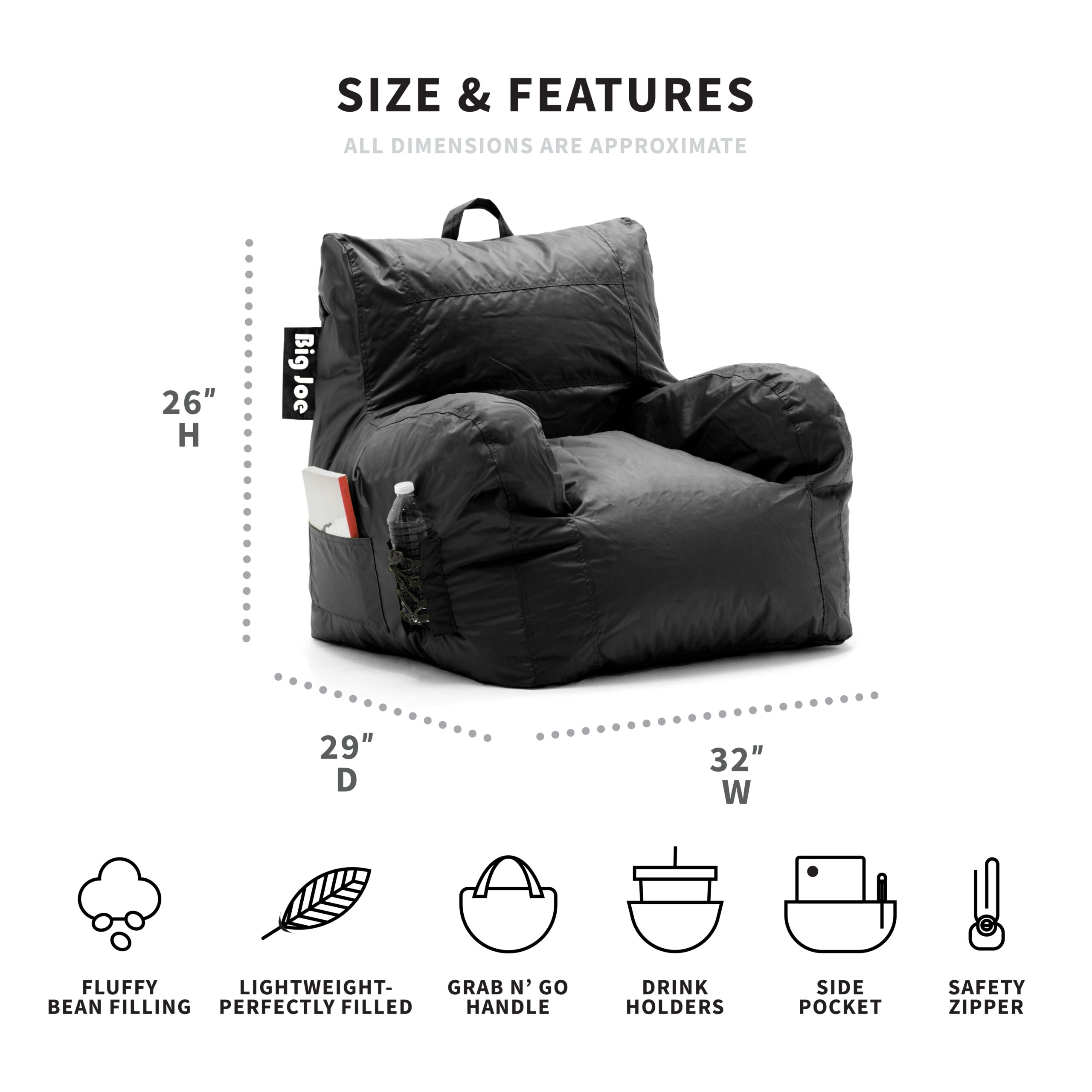 Big Joe Dorm Bean Bag Chair. Kids/Teens. Smartmax 3ft. Black