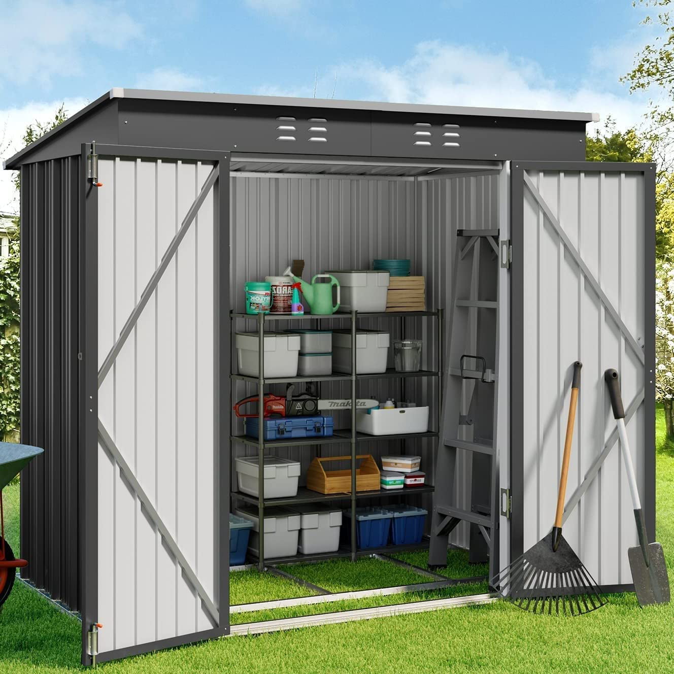 Aiho 6′ x 4′ Metal Outdoor Storage Shed with Double Lockable Doors for Backyard Patio Lawn - Gray