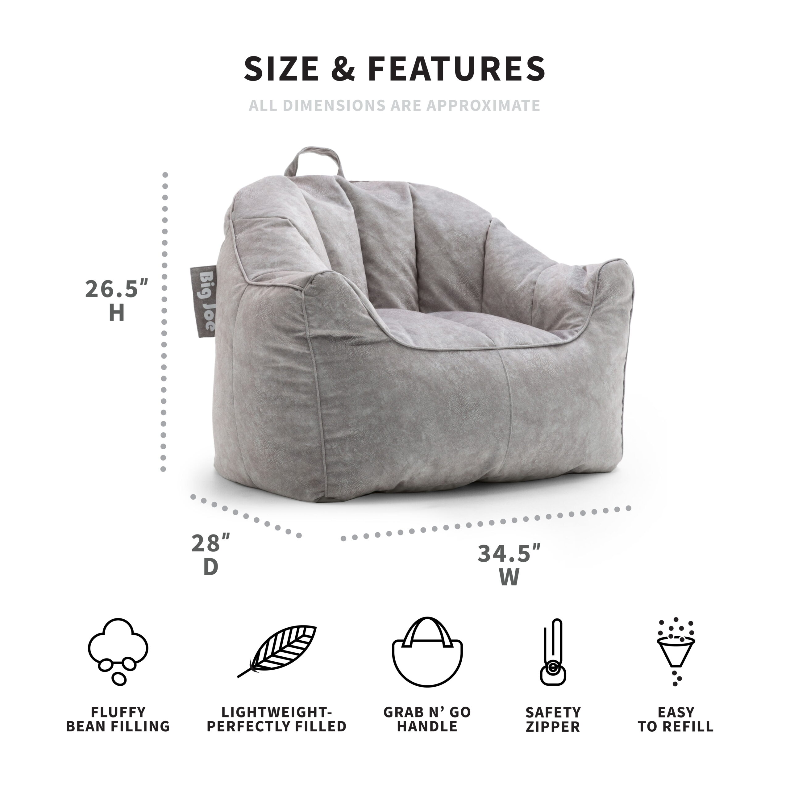 Big Joe Hug Bean Bag Chair. Faux Hyde 3ft. Lunar Gray