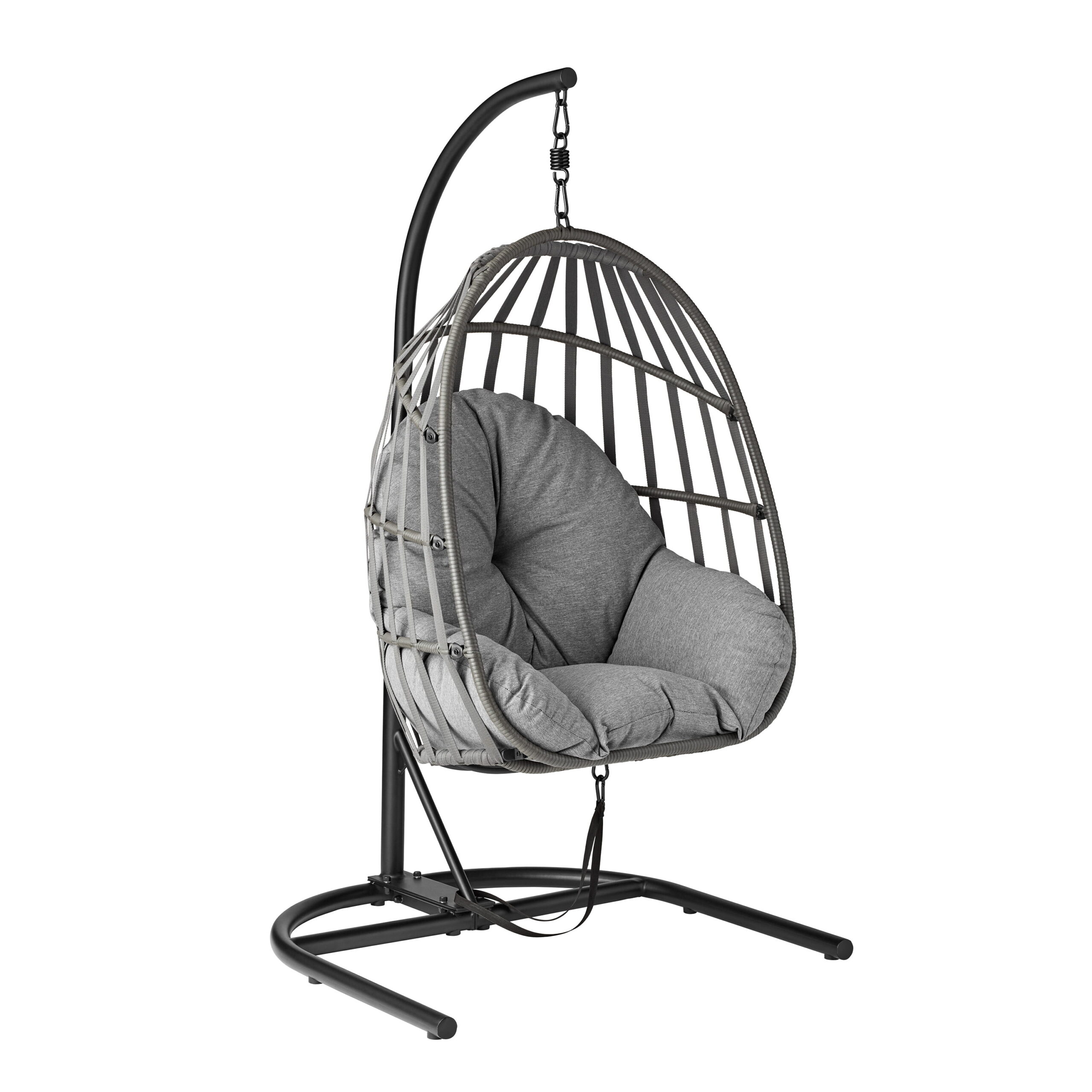 Mainstays Wicker Outdoor Patio Hanging Egg Chair with Olefin Cushion and Metal Stand. Gray
