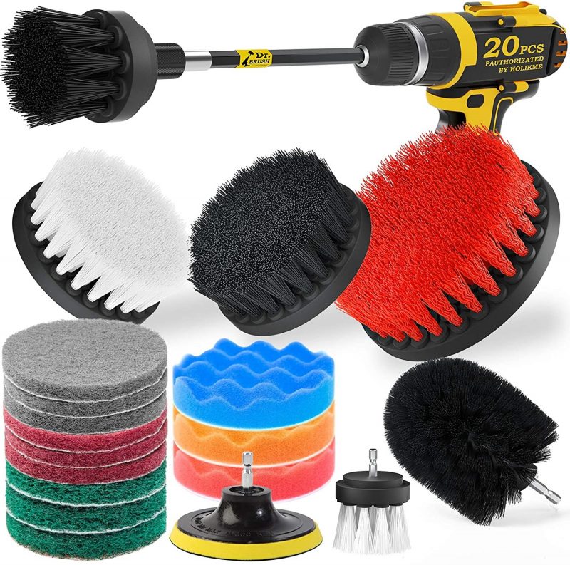 Holikme Drill Brush Attachments Set. Black Scrub Pads & Sponge. 20 Piece