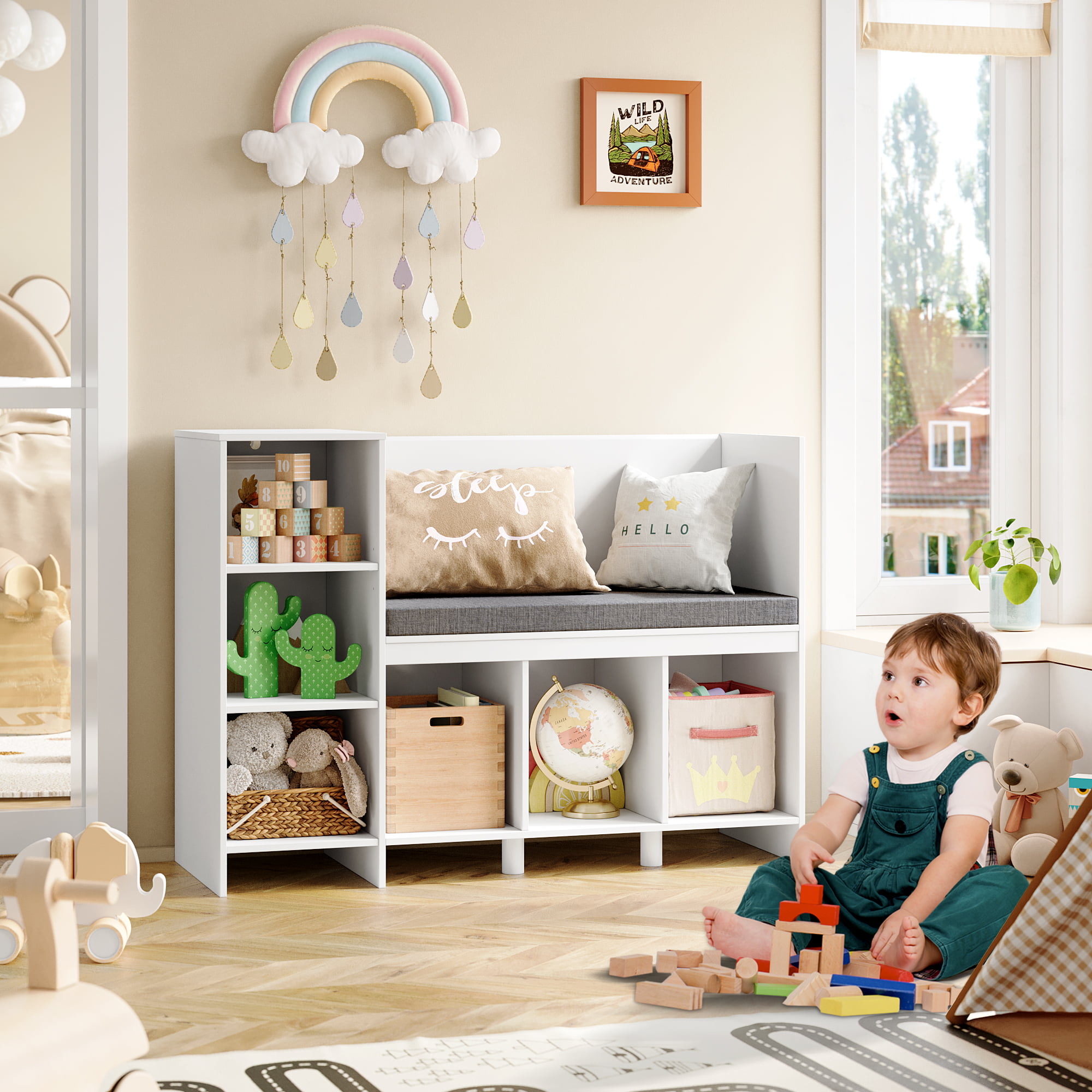 Homfa 6-Cubby Kids Bedroom Storage Organizer. Multi-Purpose Bookcase with Reading Nook. Storage Bench with Seat Cushion. White