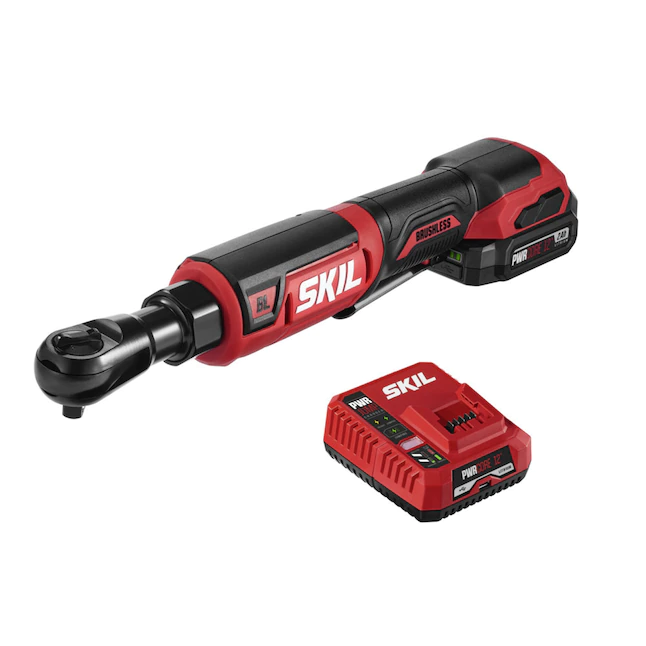 SKIL PWR CORE 12 Brushless 12V 3/8 Inch Ratchet Wrench Kit Includes 2.0Ah Lithium Battery and PWR JUMP Charger. RW5763A-10